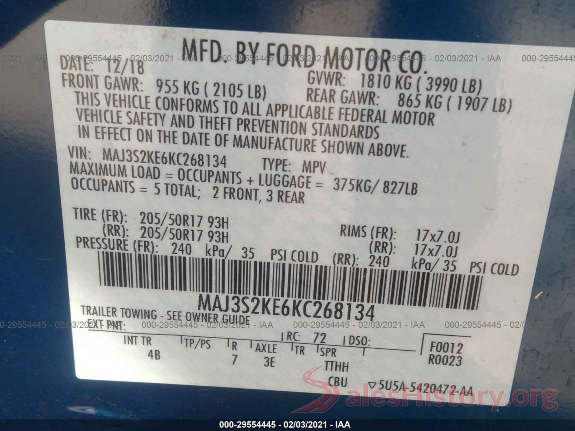 MAJ3S2KE6KC268134 2019 FORD ECOSPORT