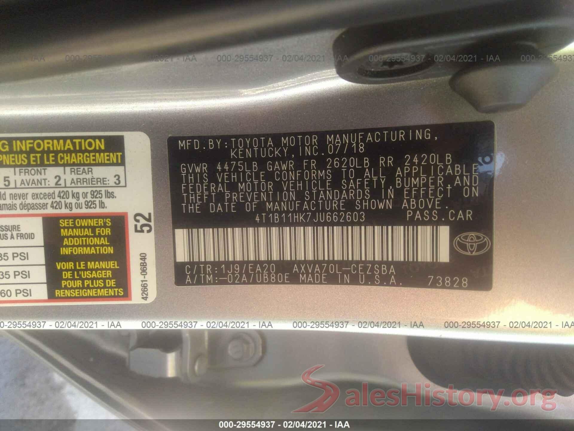 4T1B11HK7JU662603 2018 TOYOTA CAMRY