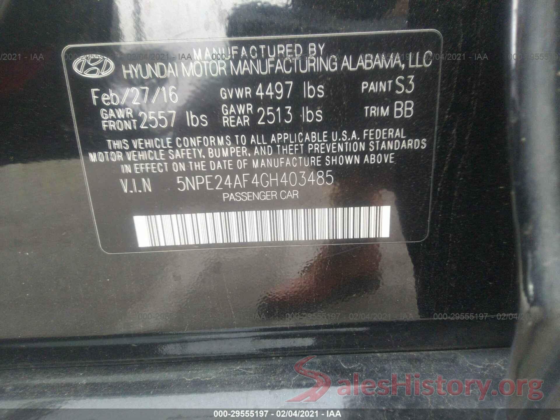 5NPE24AF4GH403485 2016 HYUNDAI SONATA