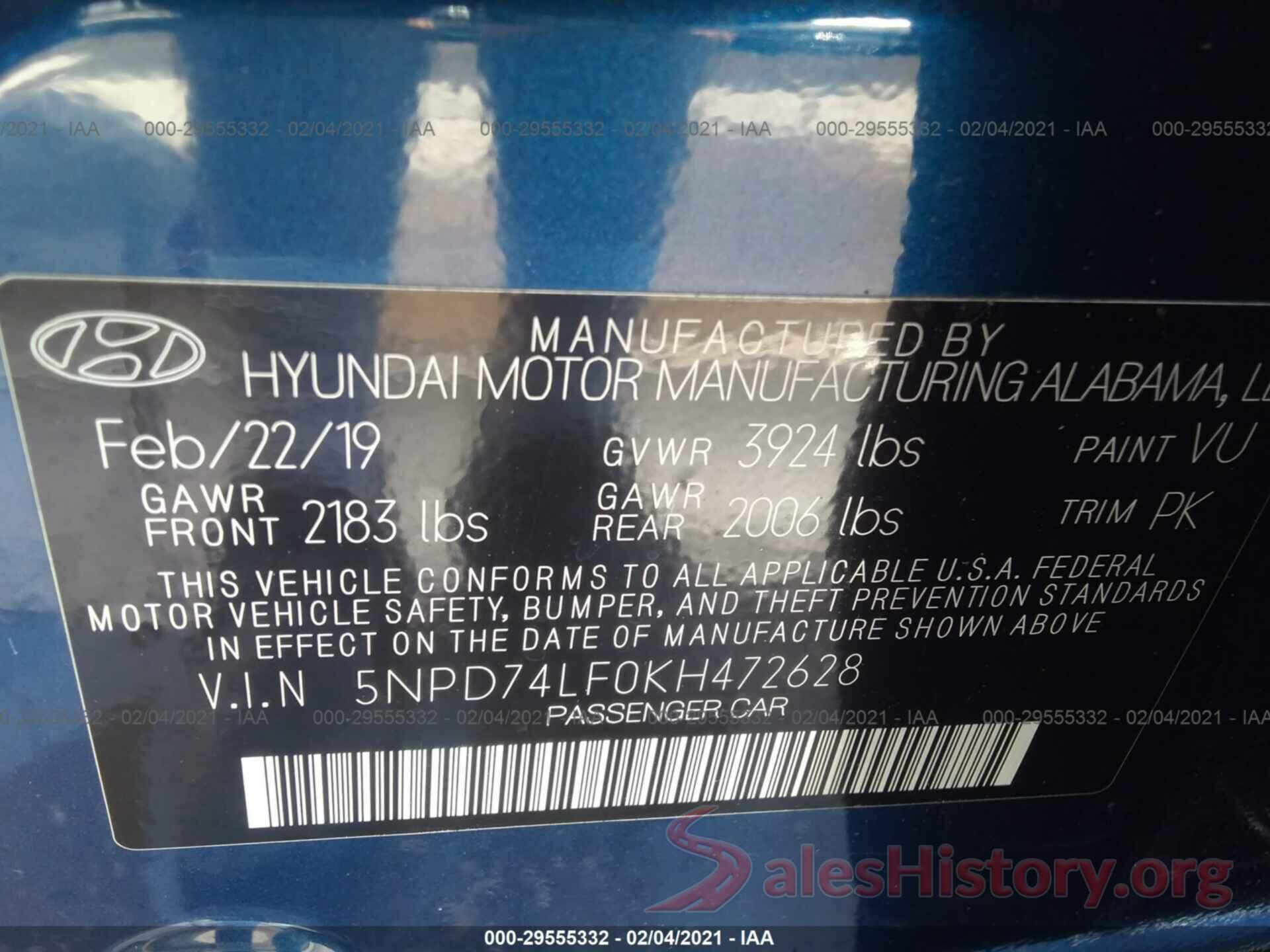 5NPD74LF0KH472628 2019 HYUNDAI ELANTRA