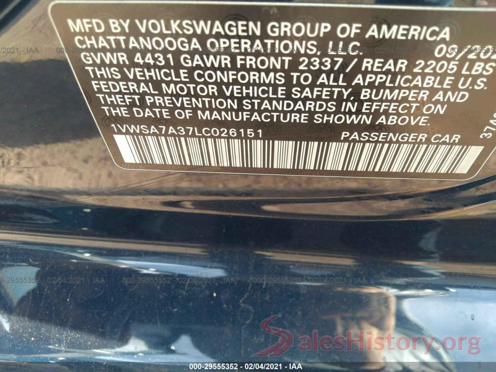 1VWSA7A37LC026151 2020 VOLKSWAGEN PASSAT