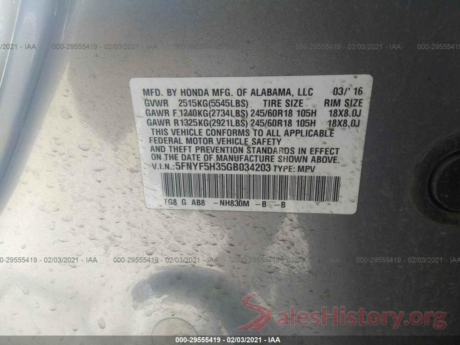 5FNYF5H35GB034203 2016 HONDA PILOT