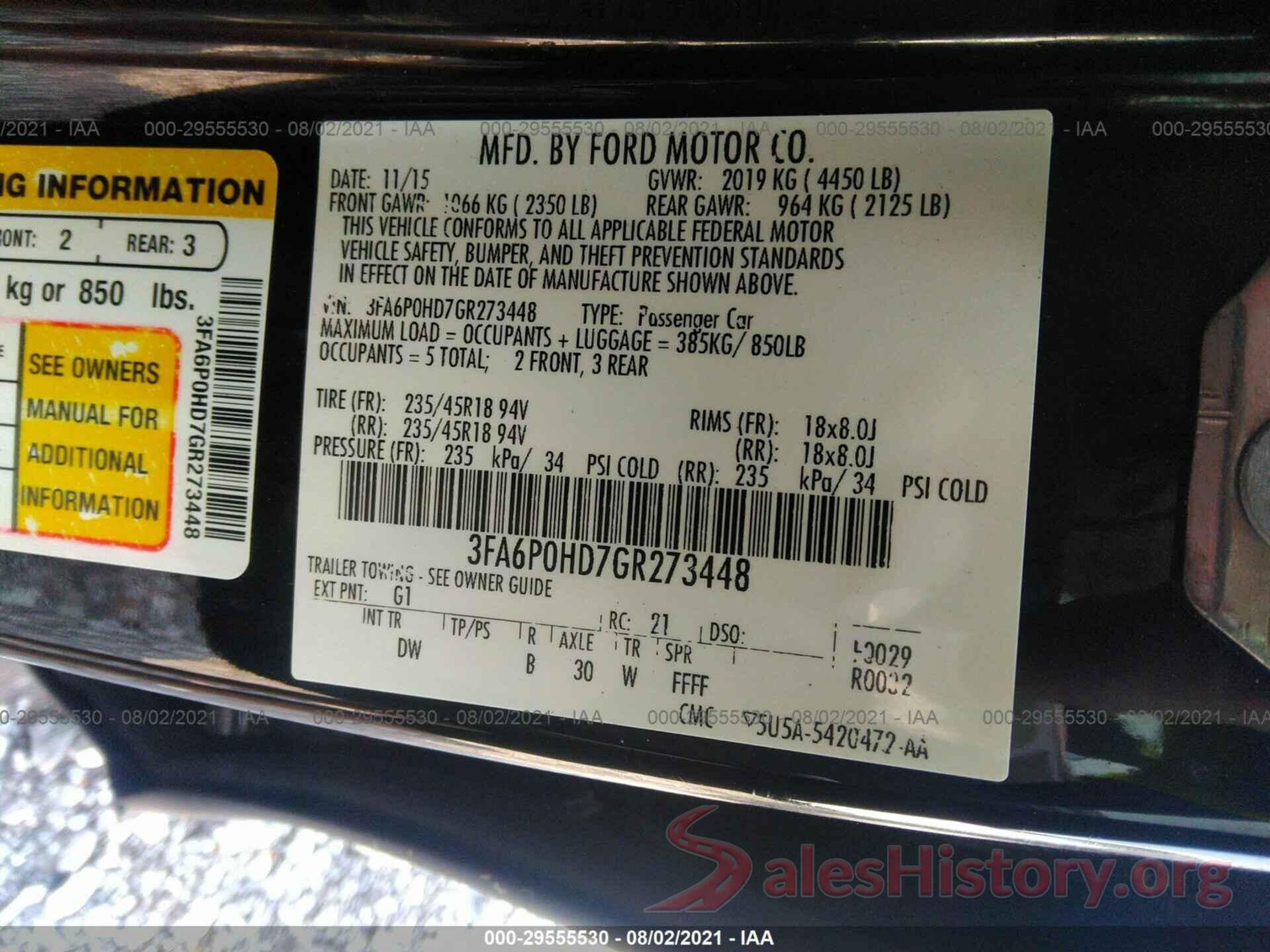 3FA6P0HD7GR273448 2016 FORD FUSION