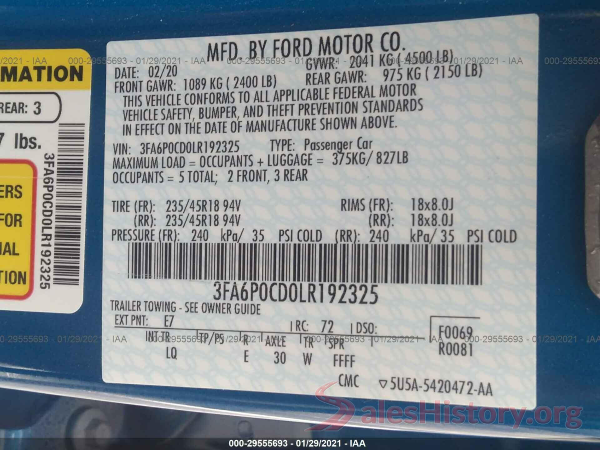 3FA6P0CD0LR192325 2020 FORD FUSION