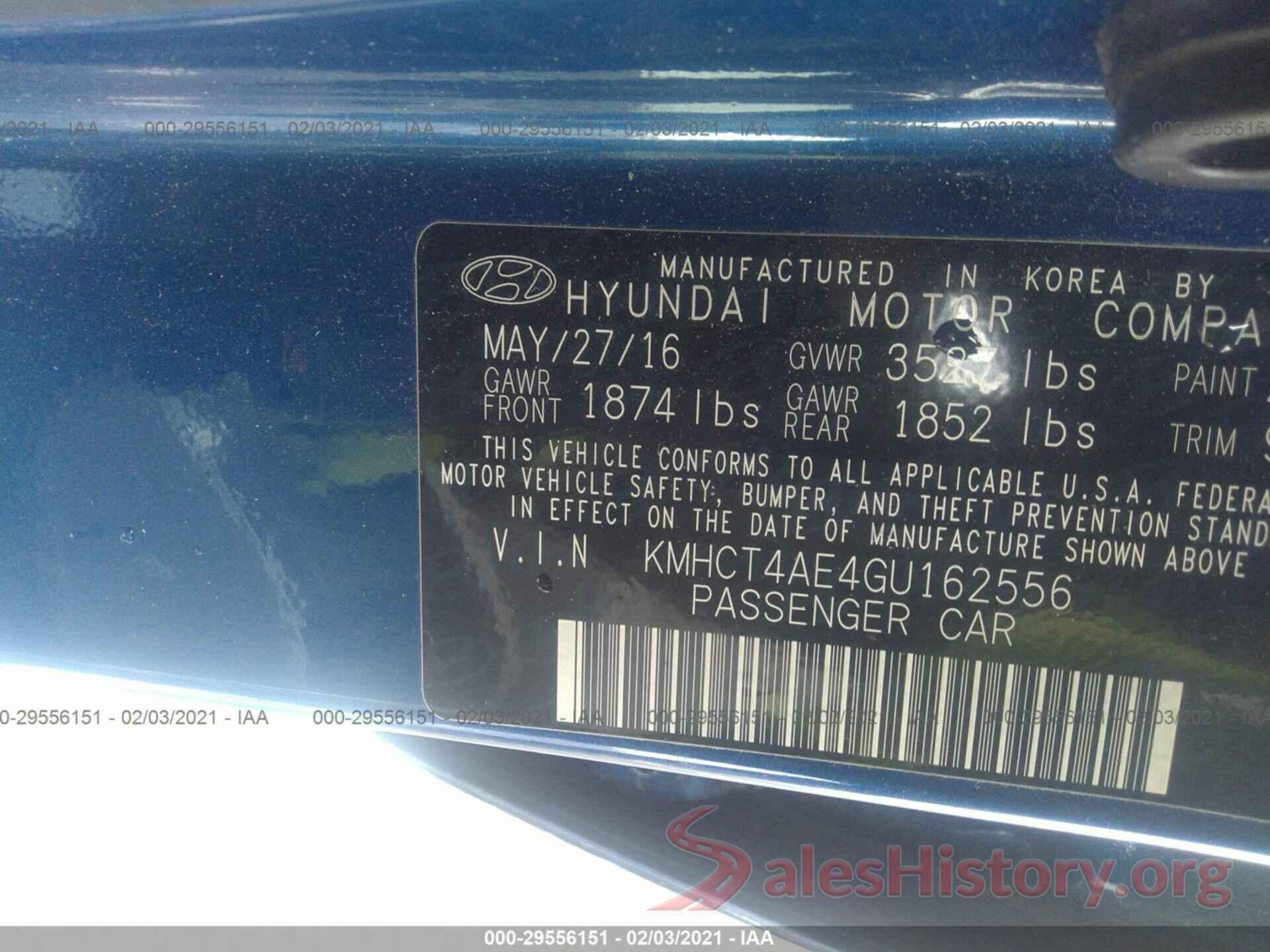 KMHCT4AE4GU162556 2016 HYUNDAI ACCENT