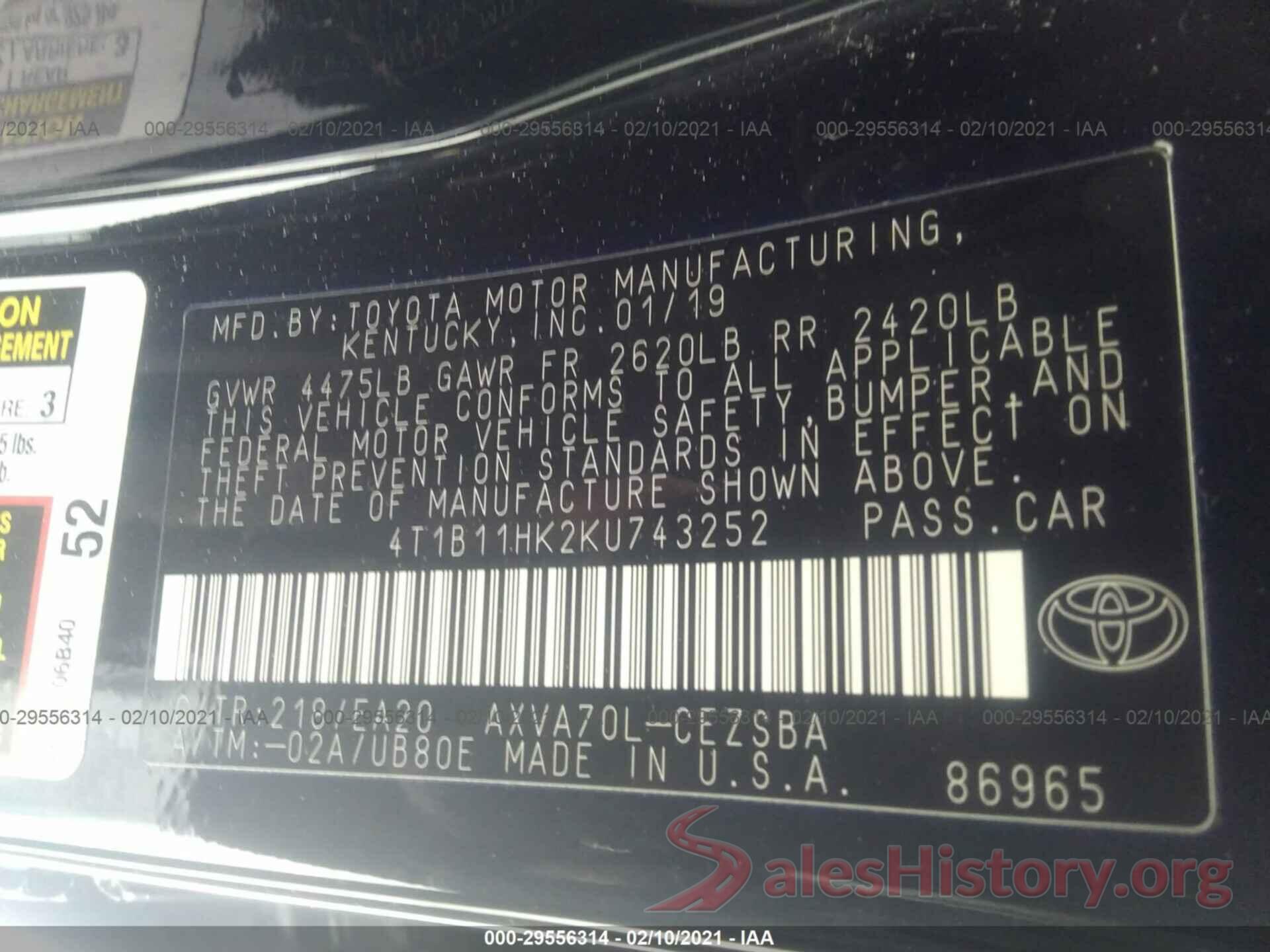 4T1B11HK2KU743252 2019 TOYOTA CAMRY