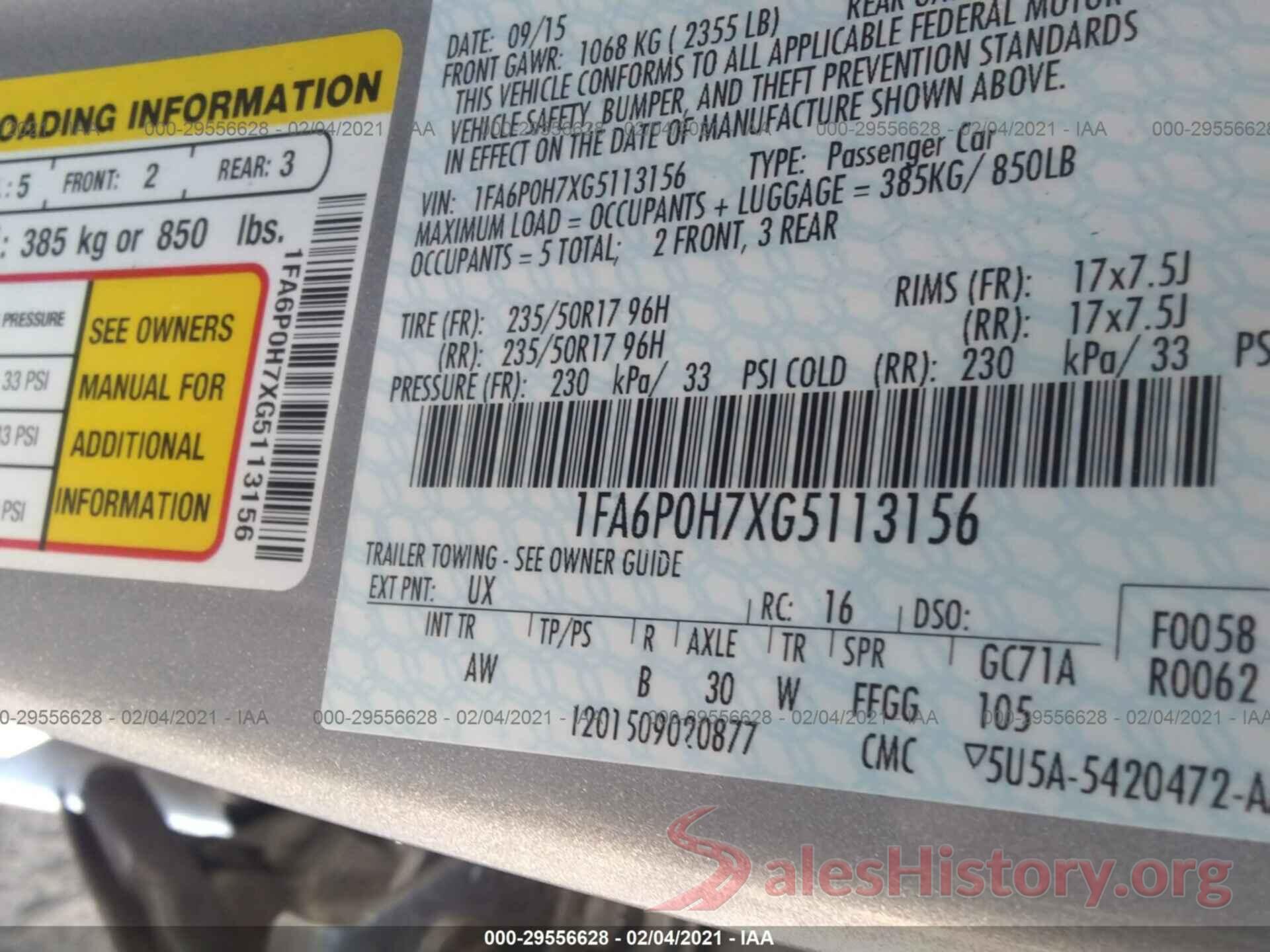 1FA6P0H7XG5113156 2016 FORD FUSION