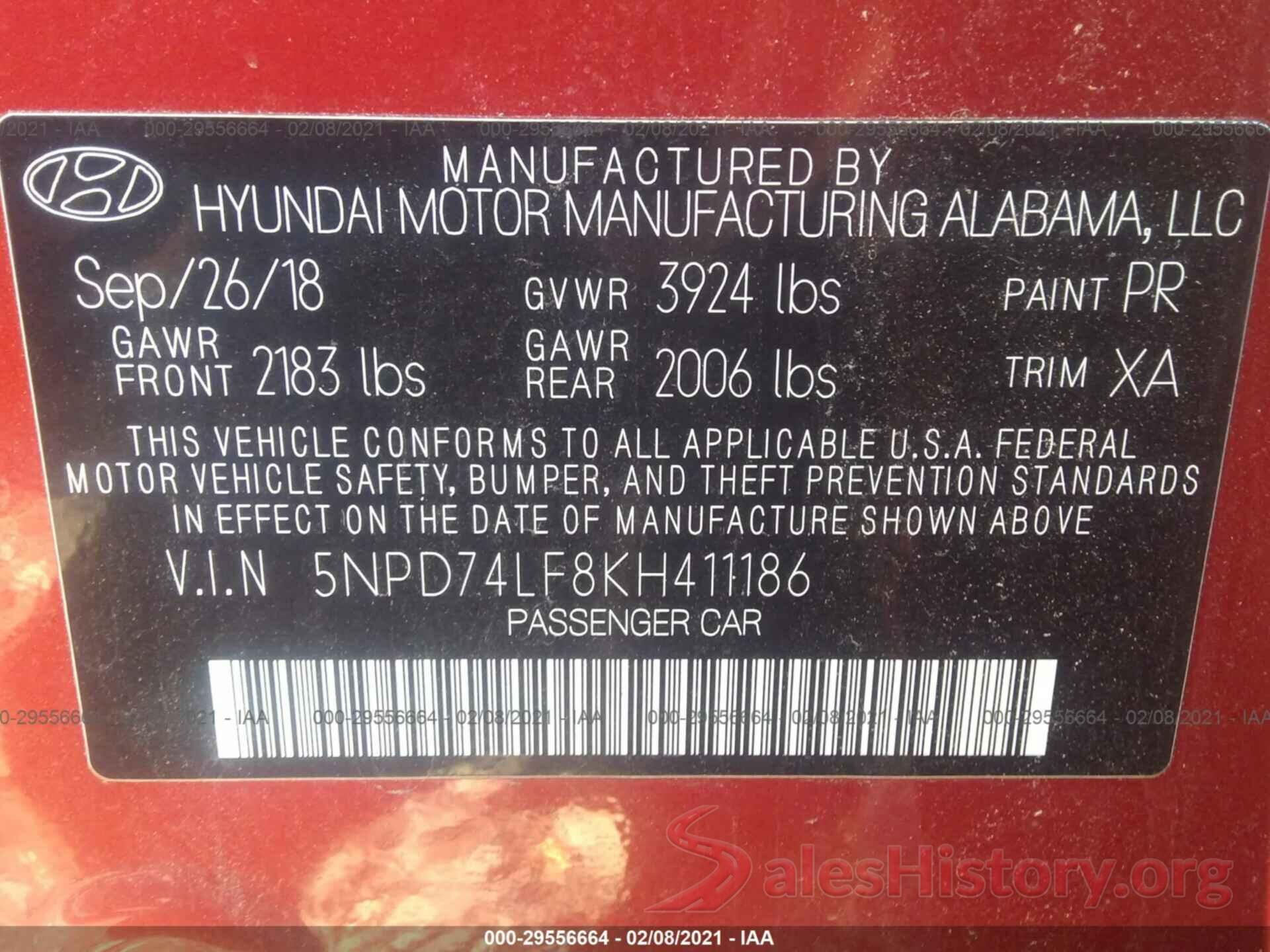 5NPD74LF8KH411186 2019 HYUNDAI ELANTRA