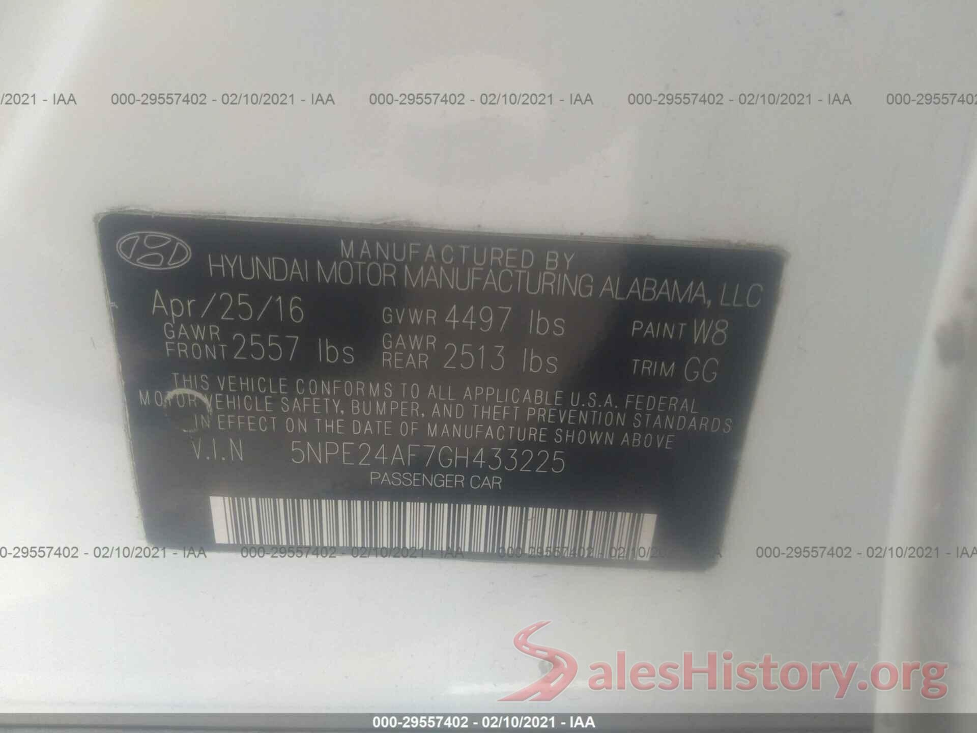 5NPE24AF7GH433225 2016 HYUNDAI SONATA