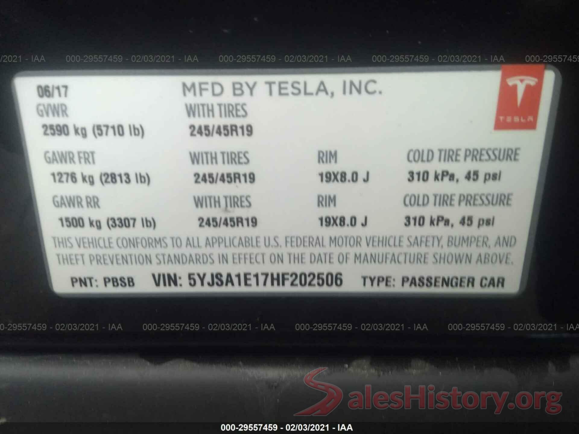 5YJSA1E17HF202506 2017 TESLA MODEL S