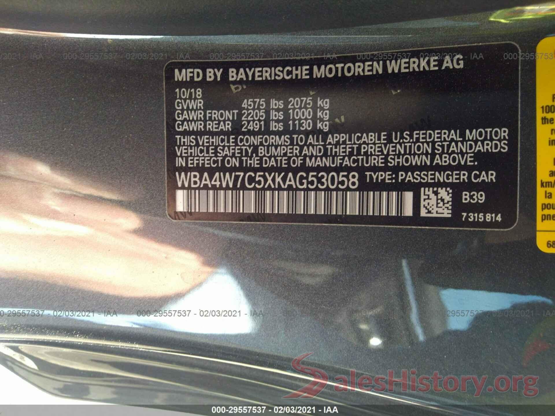 WBA4W7C5XKAG53058 2019 BMW 4 SERIES