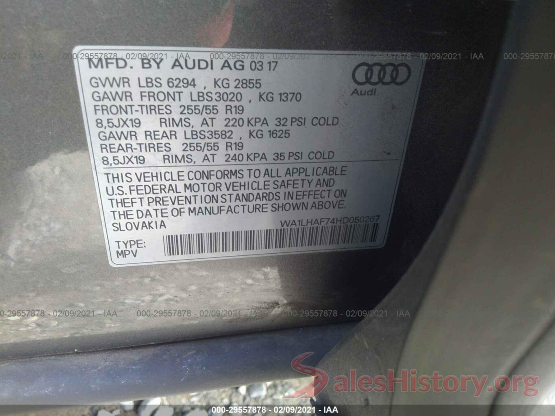 WA1LHAF74HD050267 2017 AUDI Q7