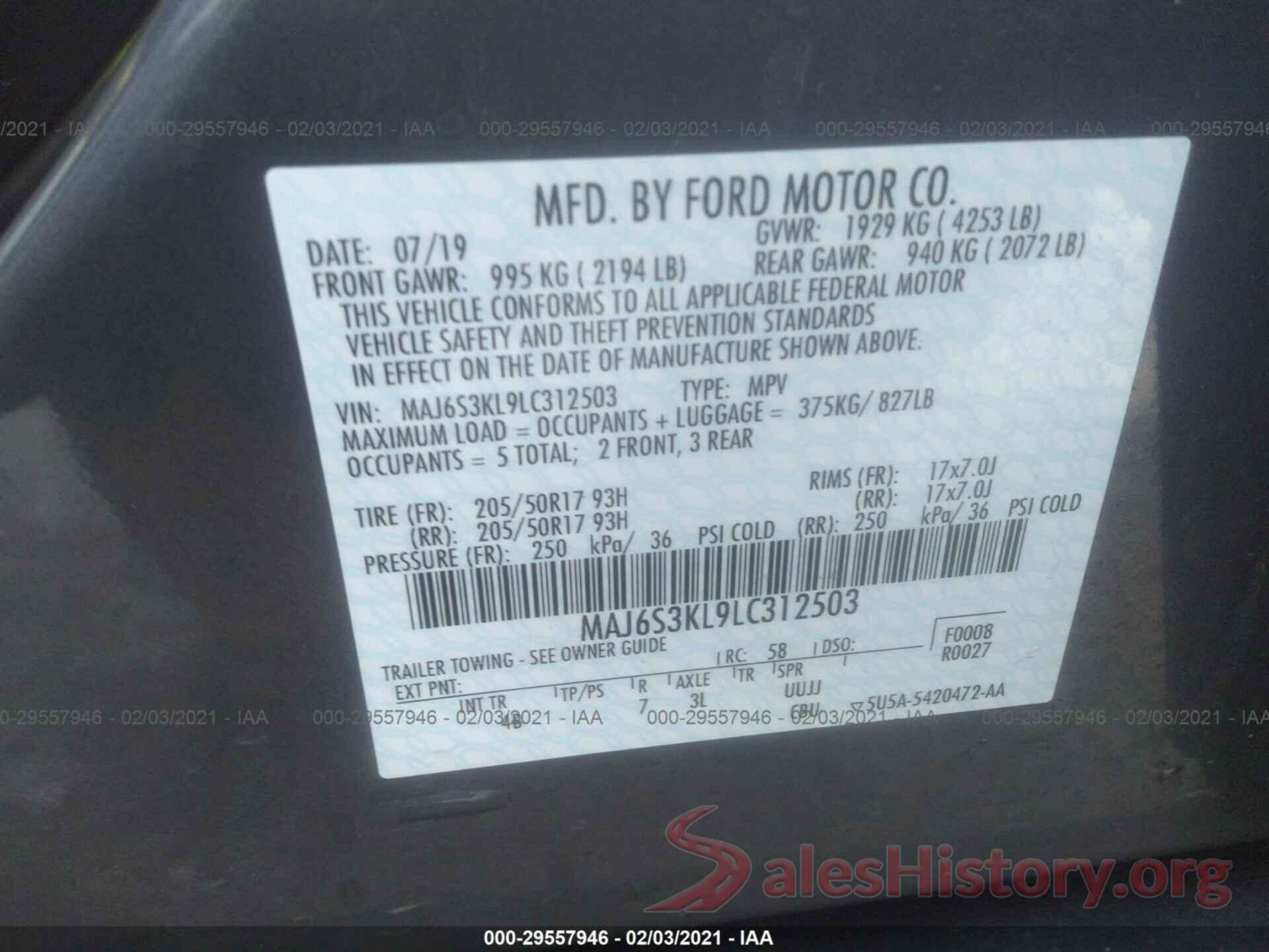 MAJ6S3KL9LC312503 2020 FORD ECOSPORT