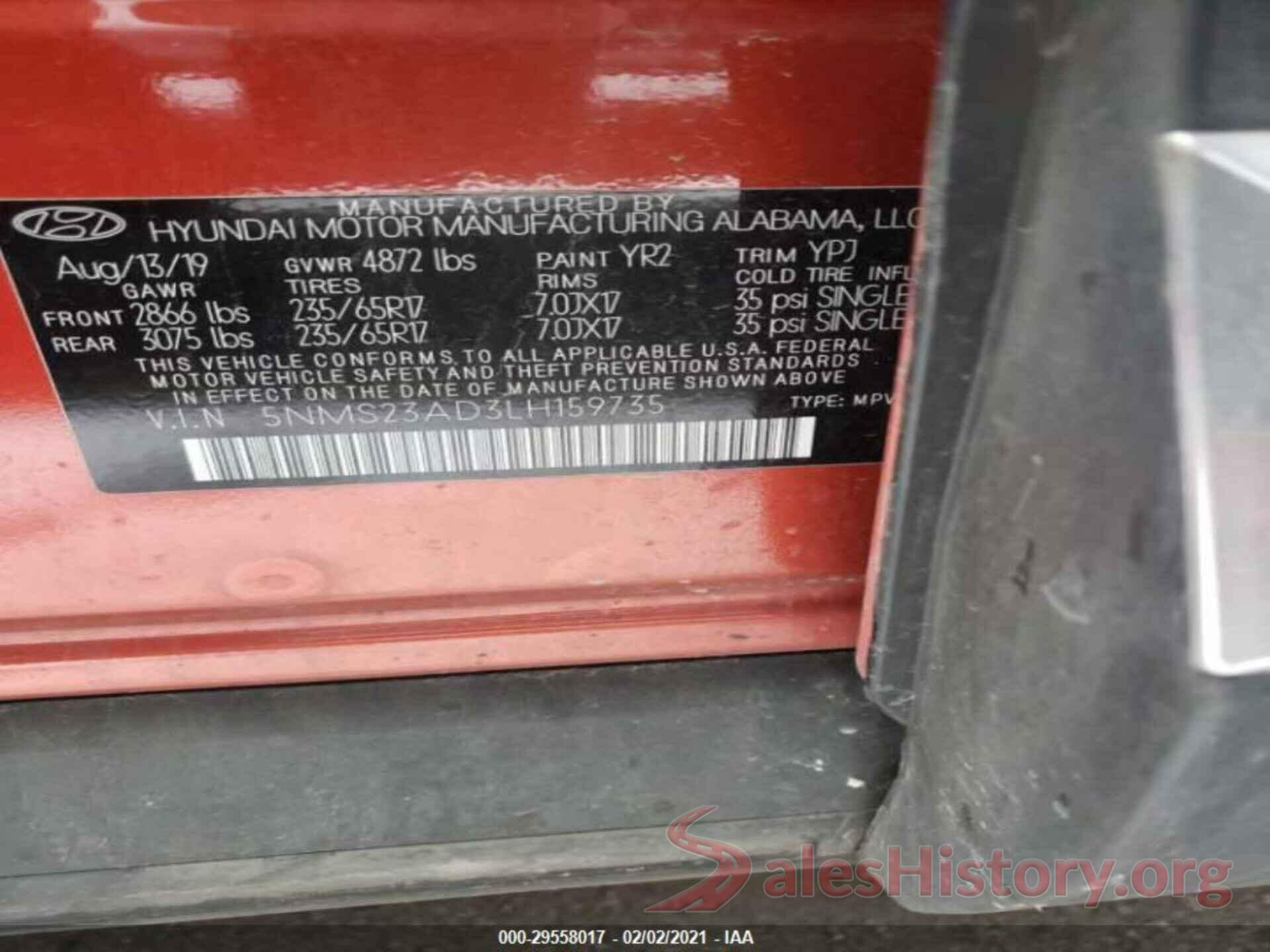 5NMS23AD3LH159735 2020 HYUNDAI SANTA FE