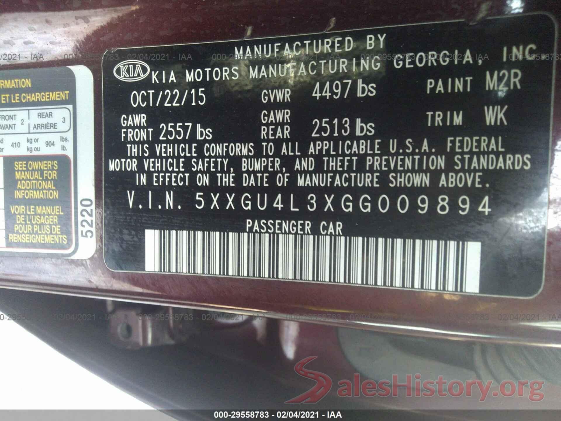 5XXGU4L3XGG009894 2016 KIA OPTIMA