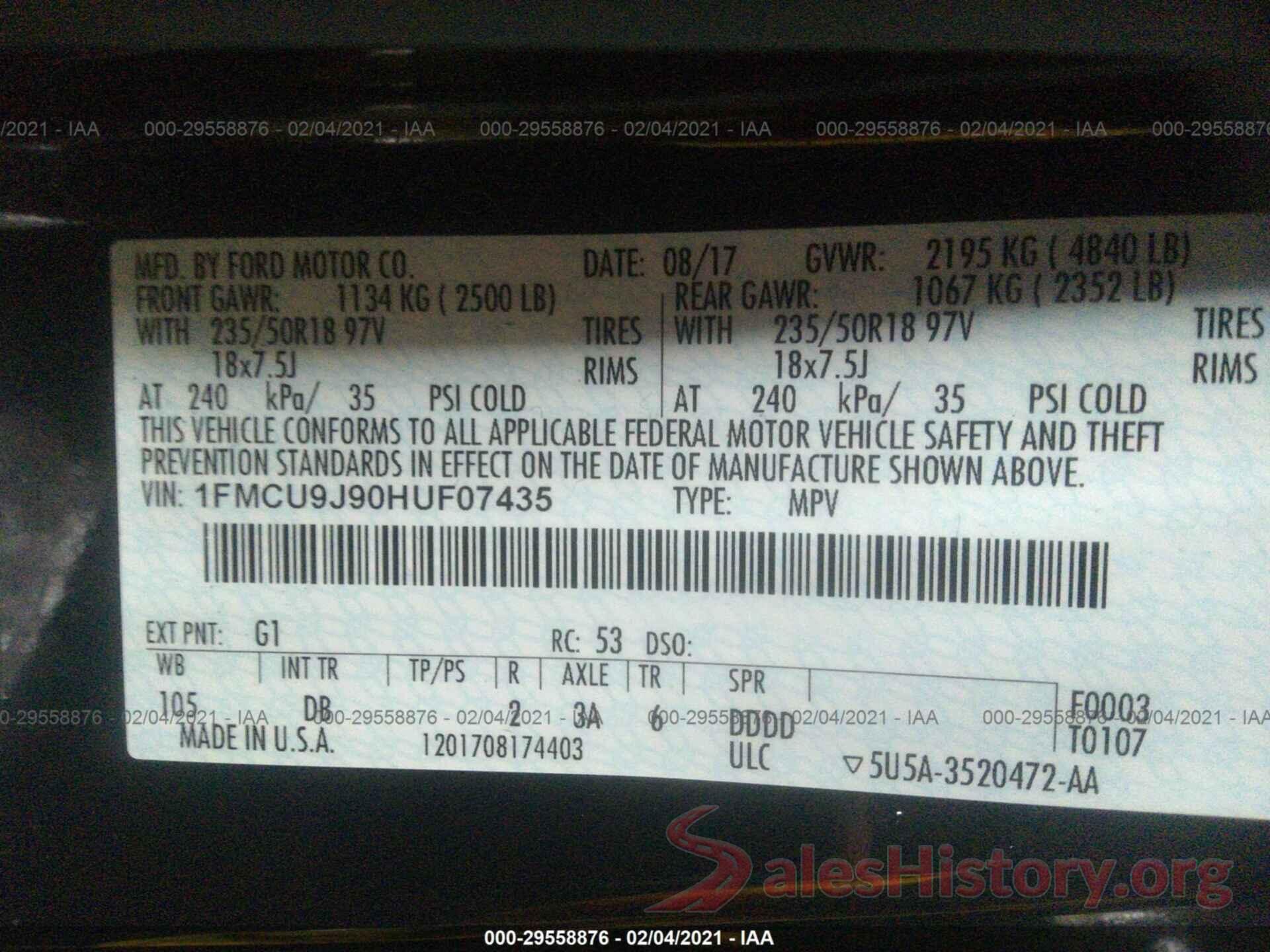 1FMCU9J90HUF07435 2017 FORD ESCAPE