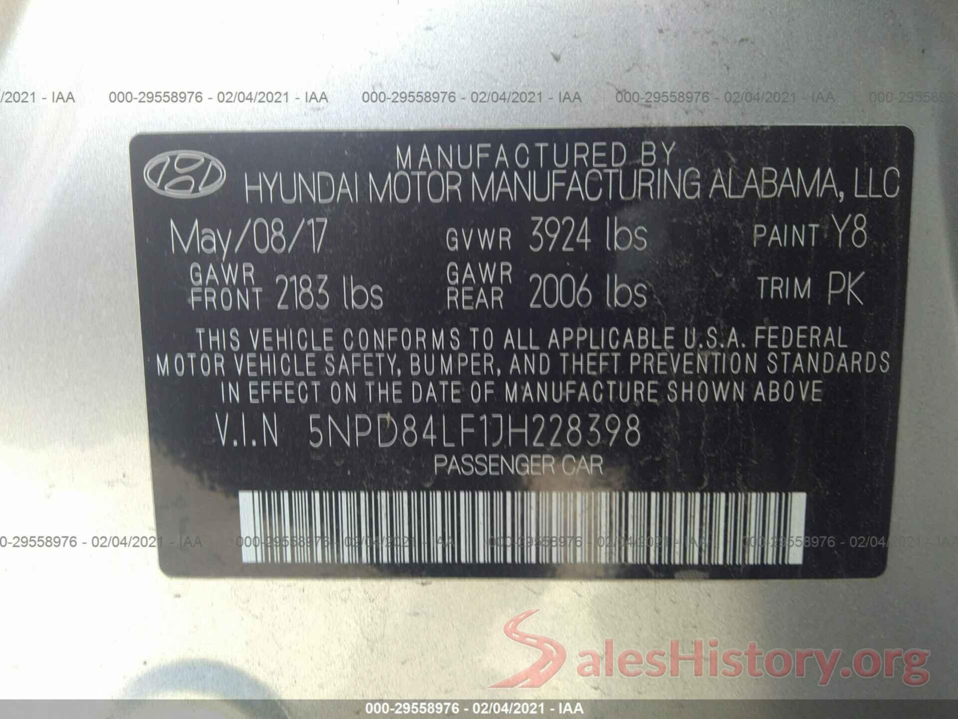 5NPD84LF1JH228398 2018 HYUNDAI ELANTRA