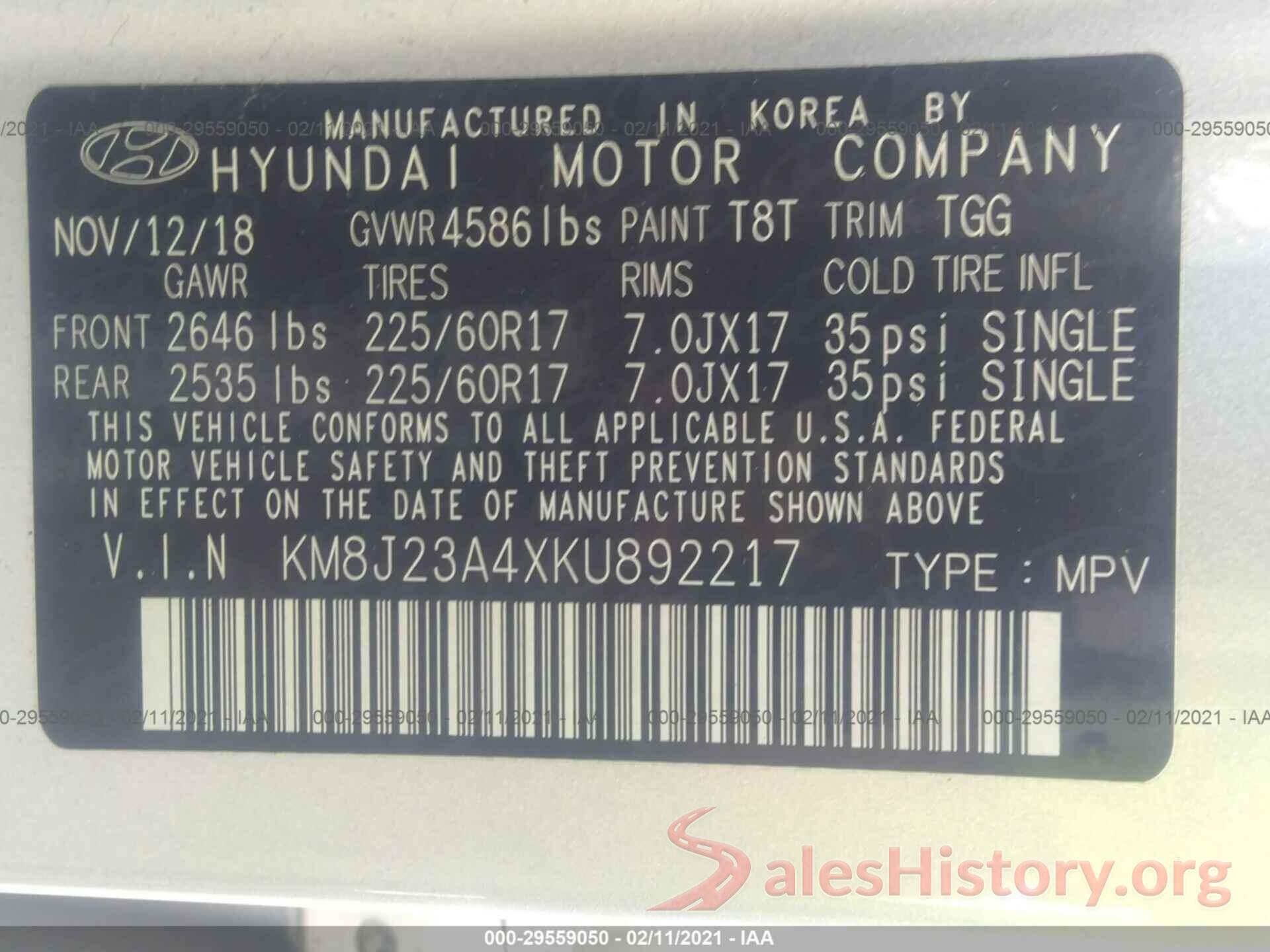 KM8J23A4XKU892217 2019 HYUNDAI TUCSON