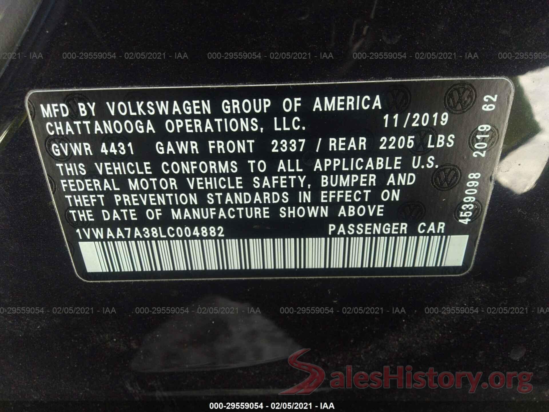 1VWAA7A38LC004882 2020 VOLKSWAGEN PASSAT