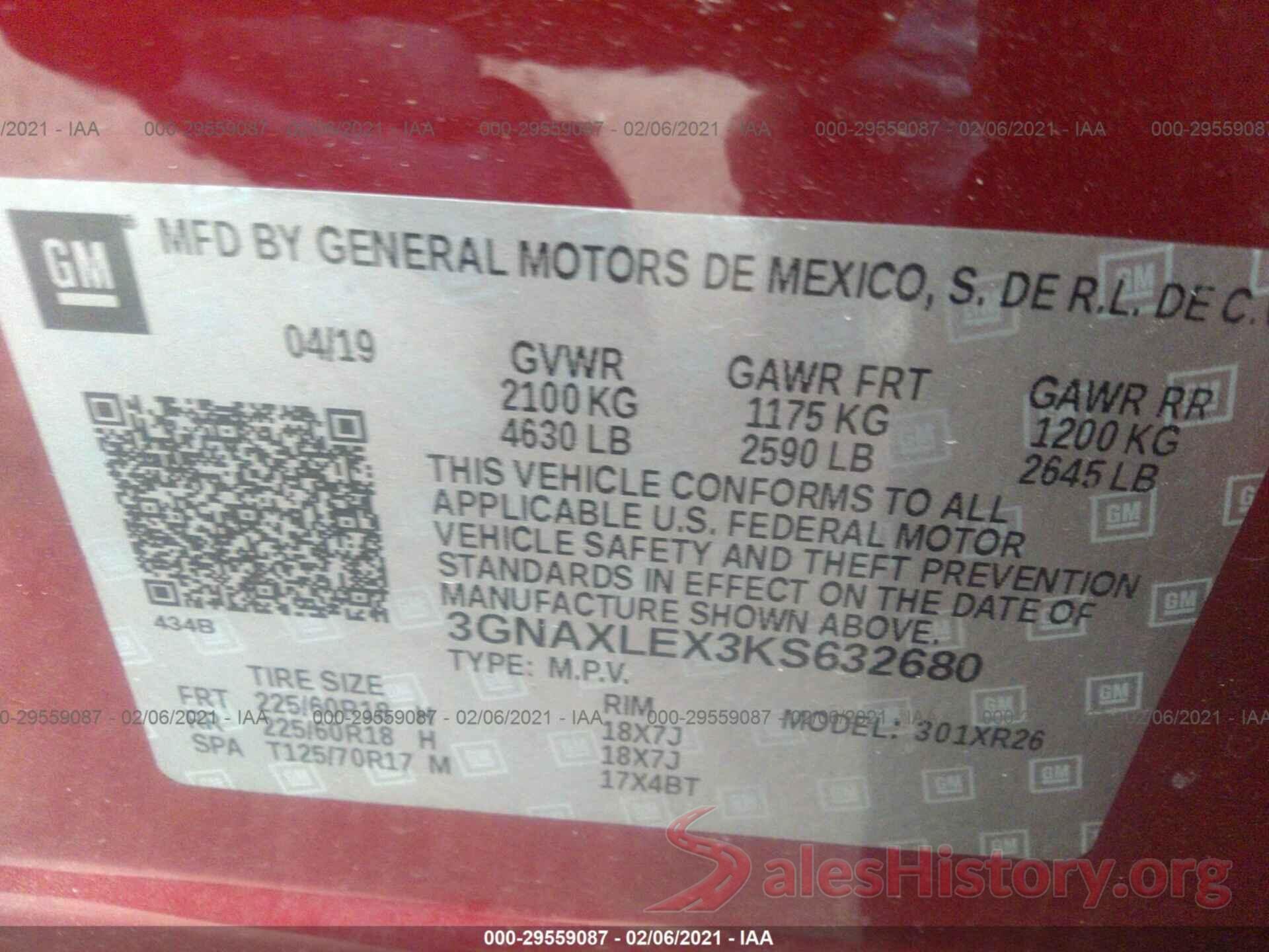 3GNAXLEX3KS632680 2019 CHEVROLET EQUINOX