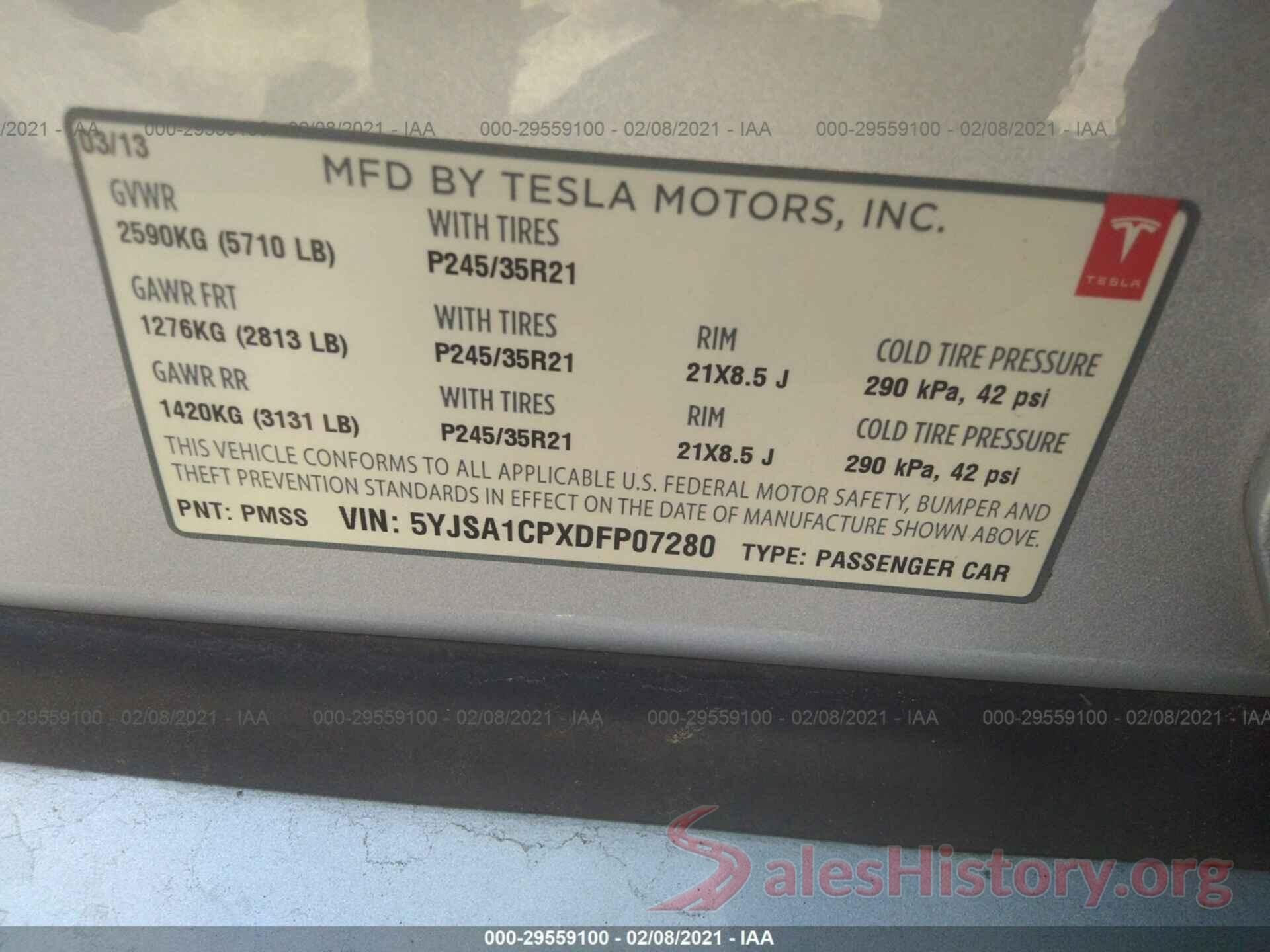 5YJSA1CPXDFP07280 2013 TESLA MODEL S