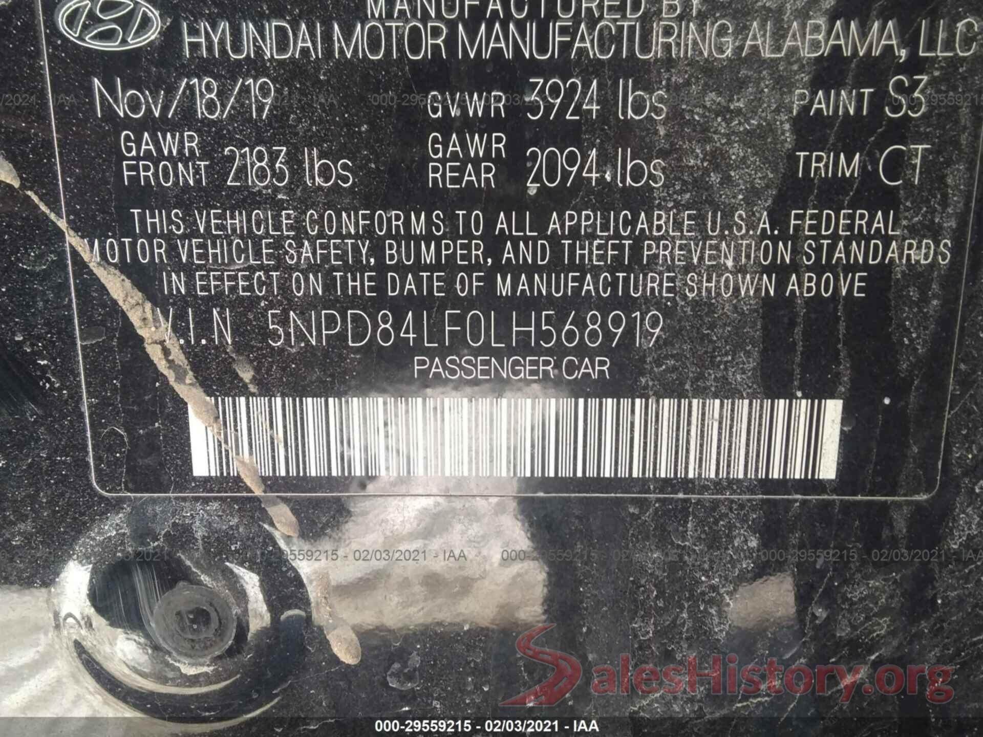 5NPD84LF0LH568919 2020 HYUNDAI ELANTRA