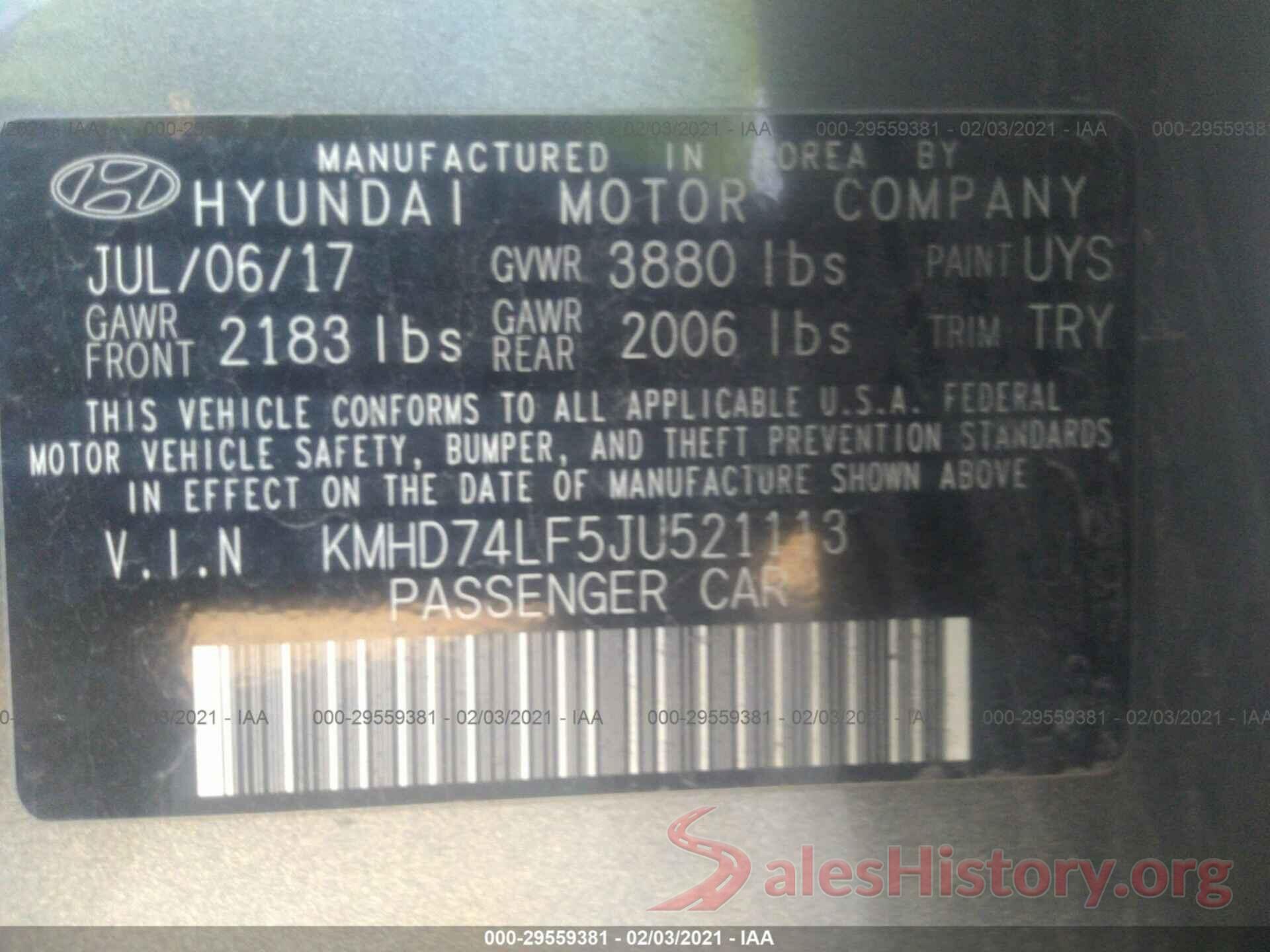 KMHD74LF5JU521113 2018 HYUNDAI ELANTRA