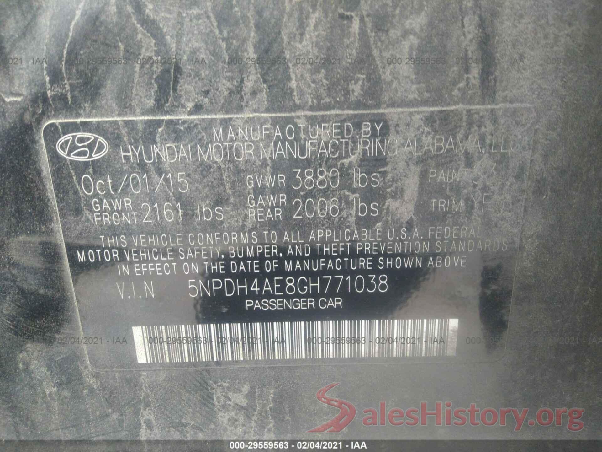 5NPDH4AE8GH771038 2016 HYUNDAI ELANTRA