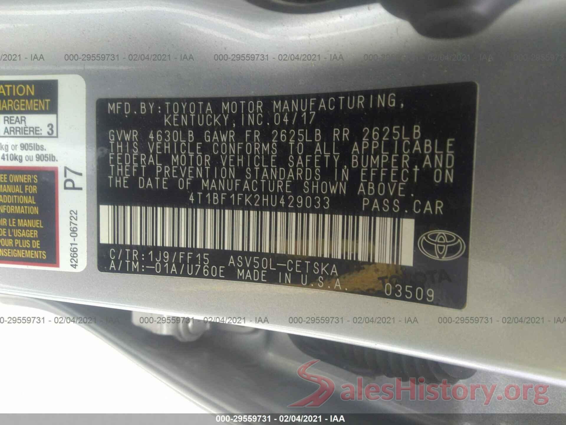 4T1BF1FK2HU429033 2017 TOYOTA CAMRY