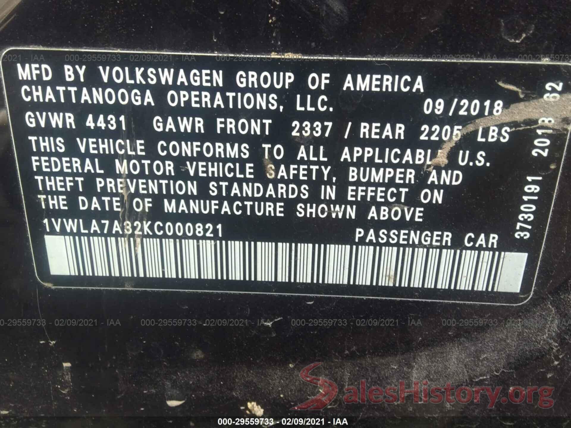 1VWLA7A32KC000821 2019 VOLKSWAGEN PASSAT