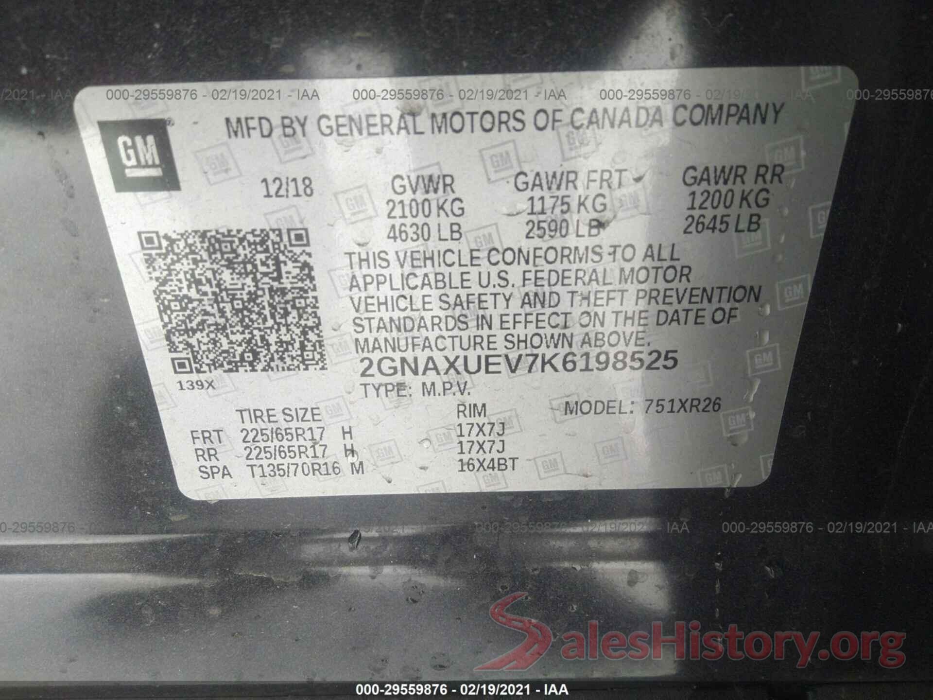 2GNAXUEV7K6198525 2019 CHEVROLET EQUINOX