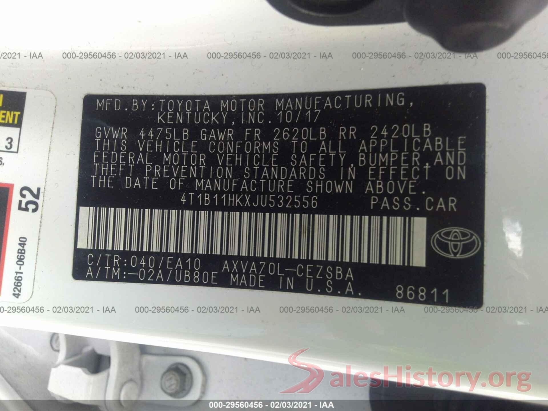 4T1B11HKXJU532556 2018 TOYOTA CAMRY