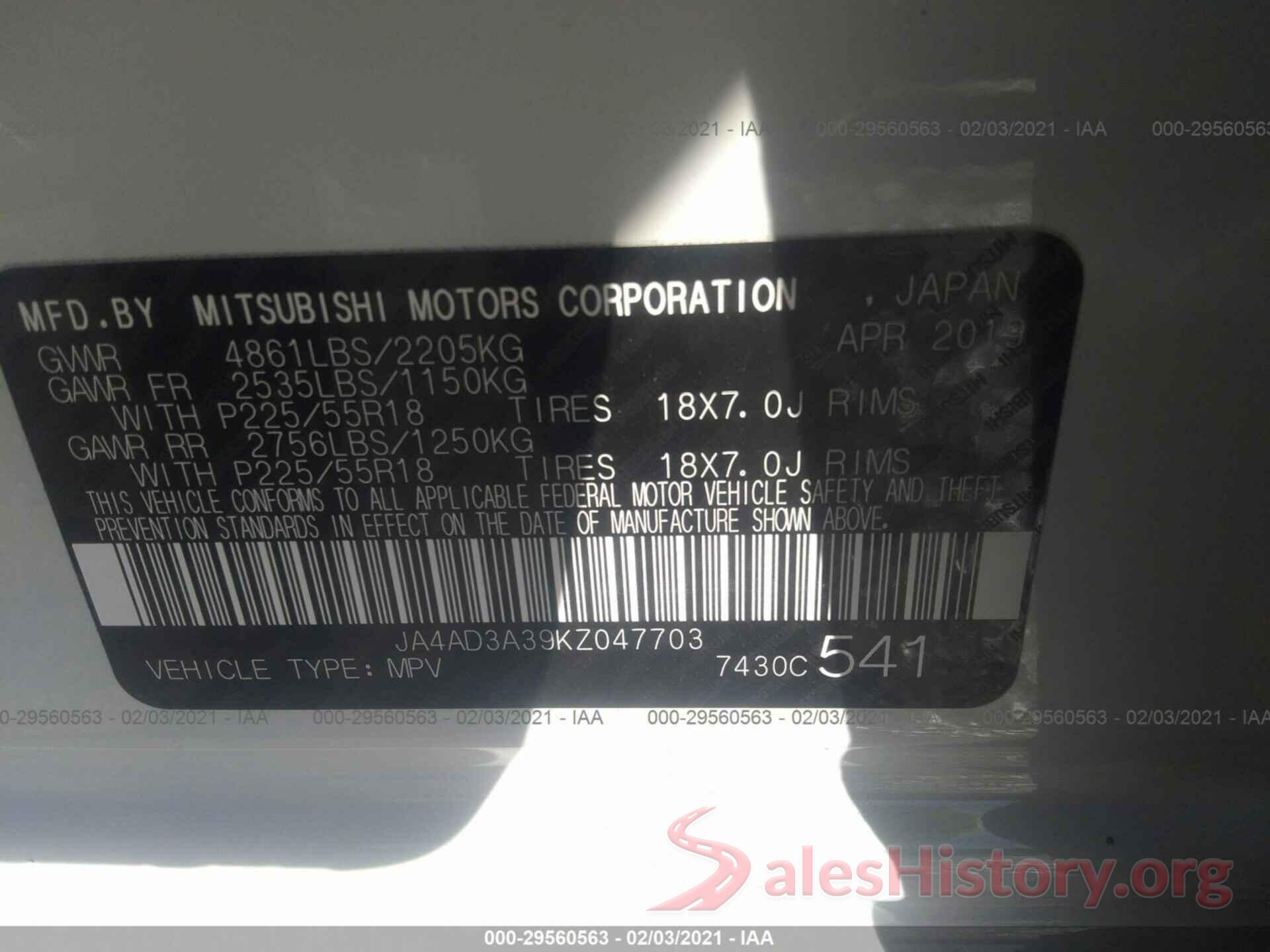 JA4AD3A39KZ047703 2019 MITSUBISHI OUTLANDER