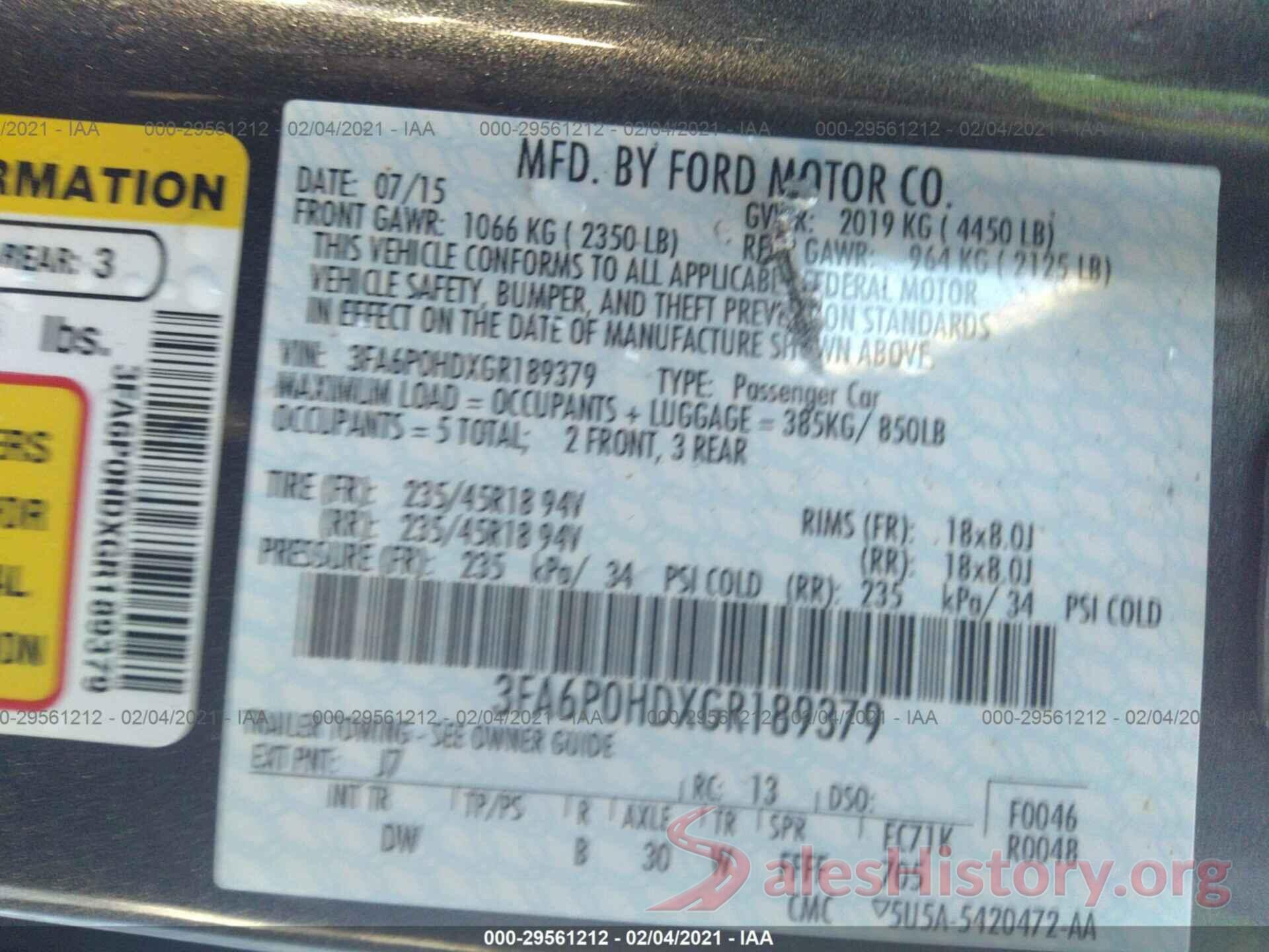 3FA6P0HDXGR189379 2016 FORD FUSION