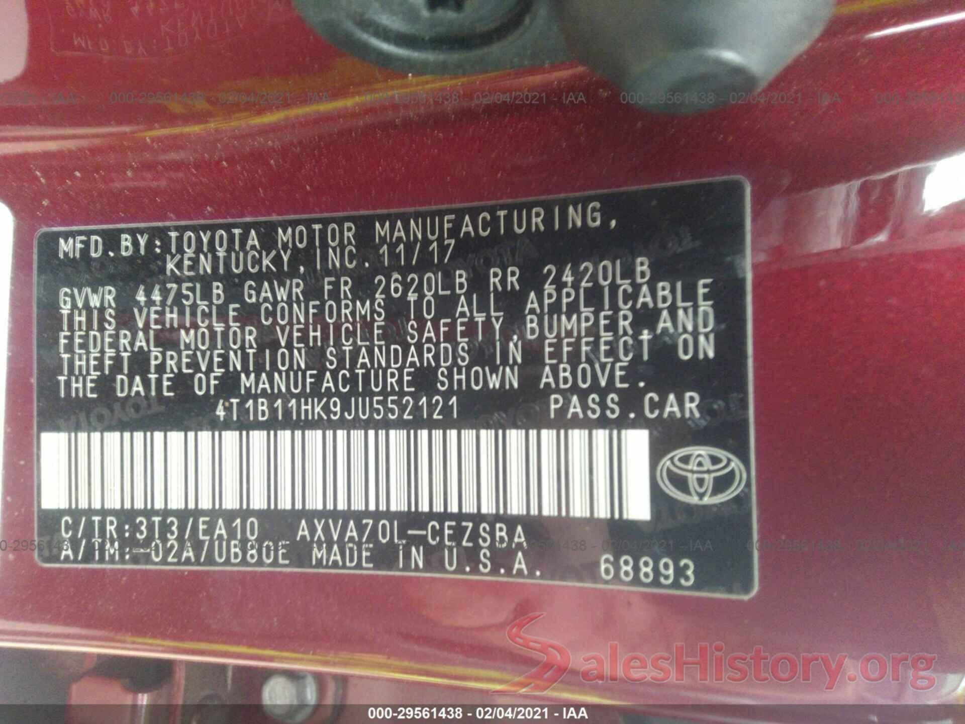 4T1B11HK9JU552121 2018 TOYOTA CAMRY