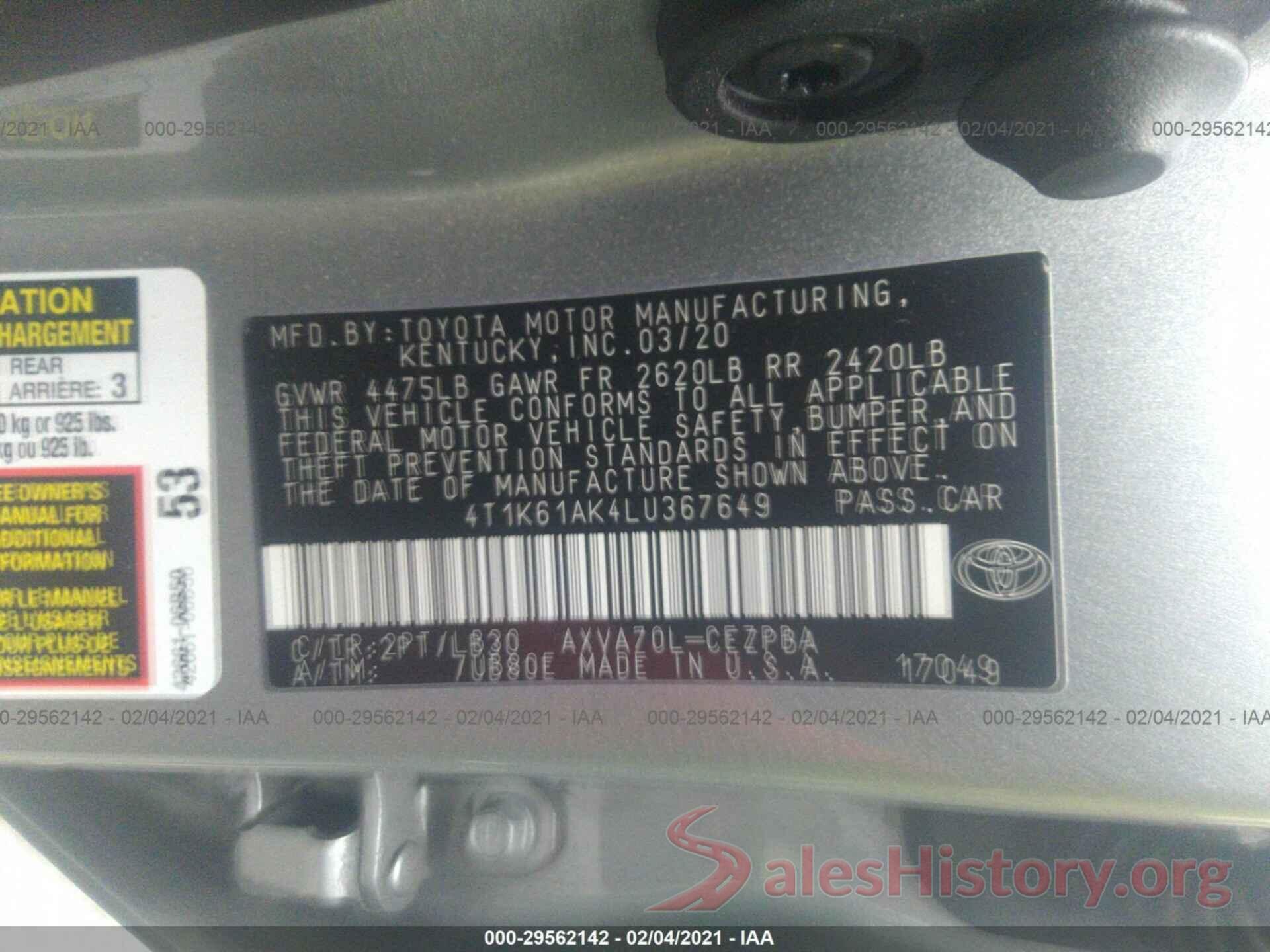 4T1K61AK4LU367649 2020 TOYOTA CAMRY