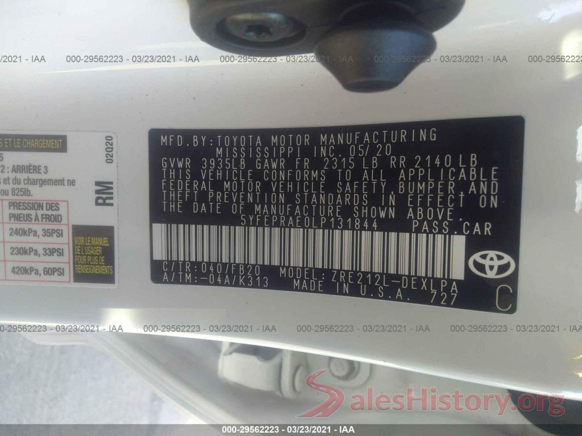 5YFEPRAE0LP131844 2020 TOYOTA COROLLA