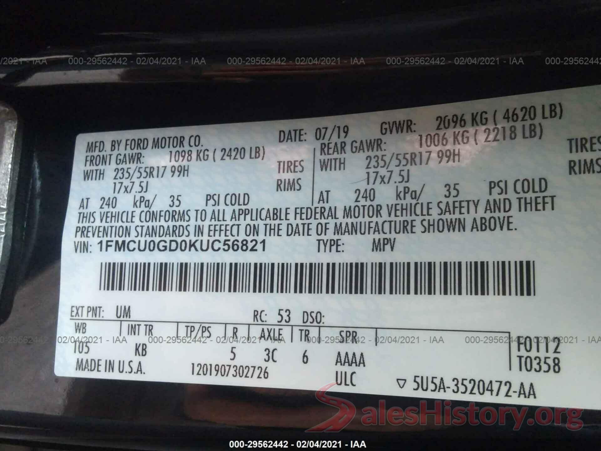 1FMCU0GD0KUC56821 2019 FORD ESCAPE