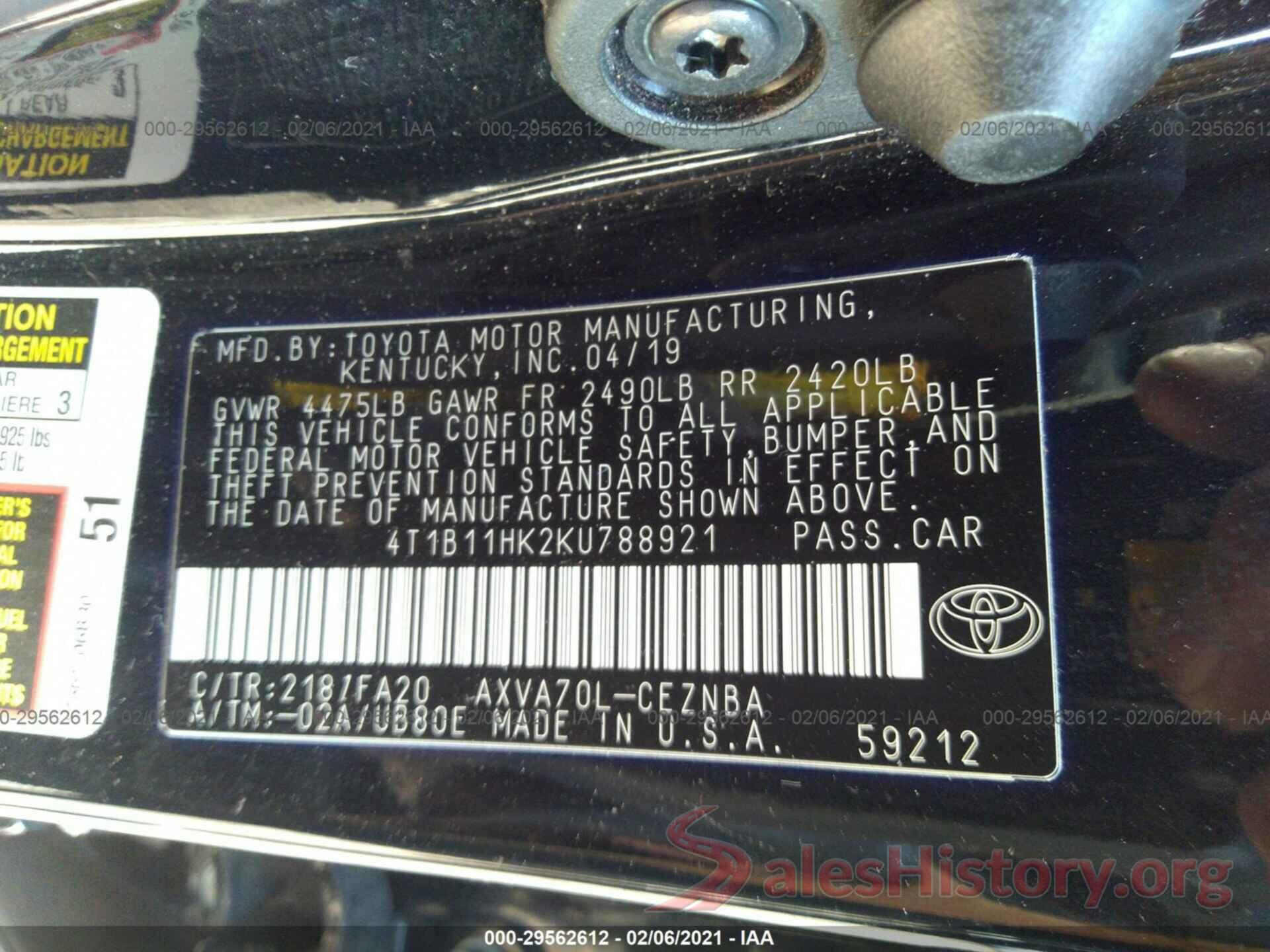 4T1B11HK2KU788921 2019 TOYOTA CAMRY