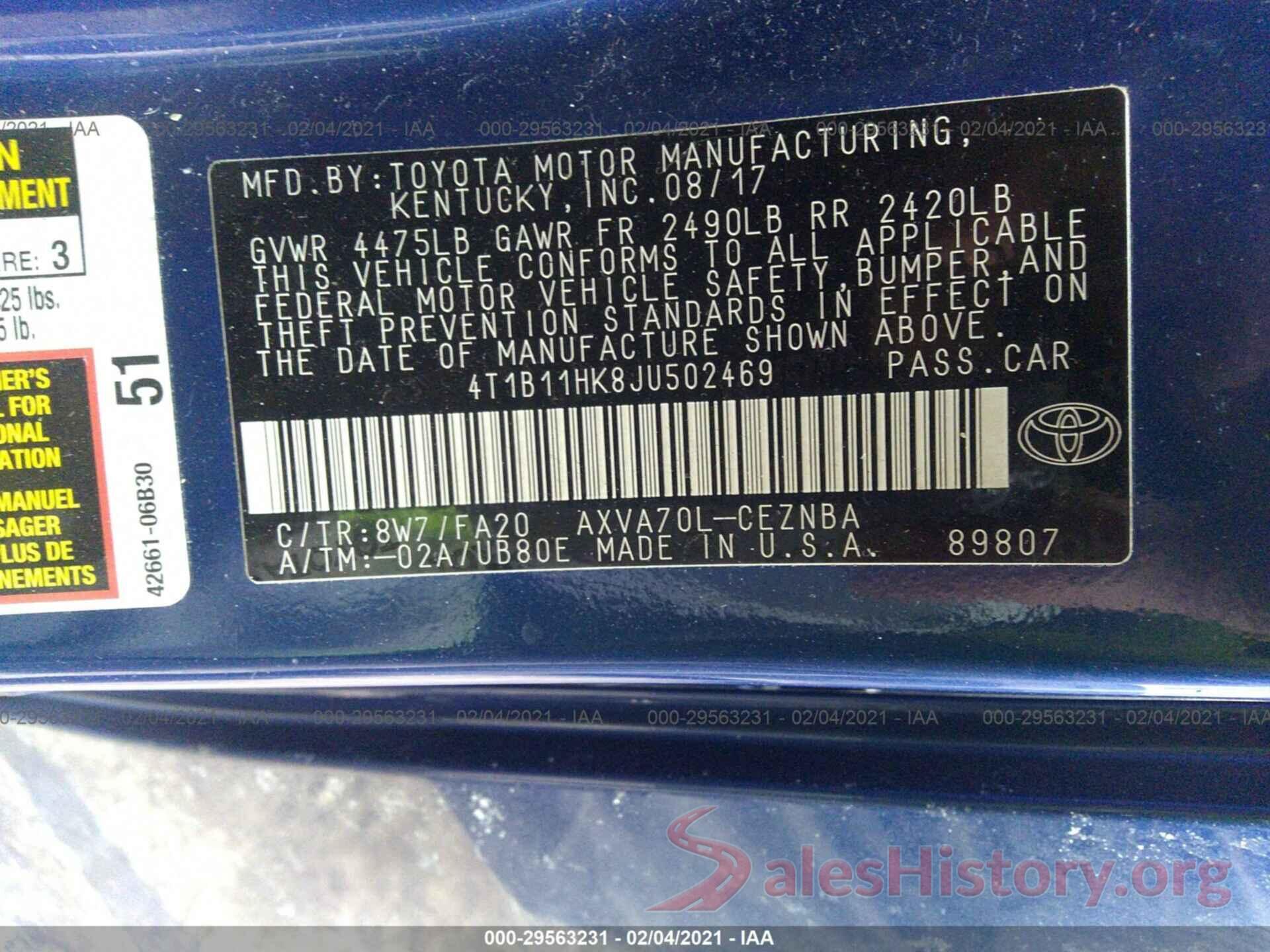 4T1B11HK8JU502469 2018 TOYOTA CAMRY