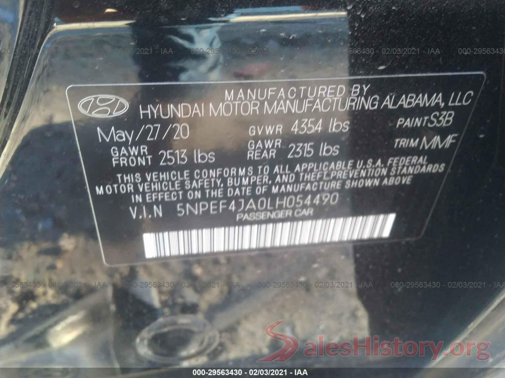 5NPEF4JA0LH054490 2020 HYUNDAI SONATA