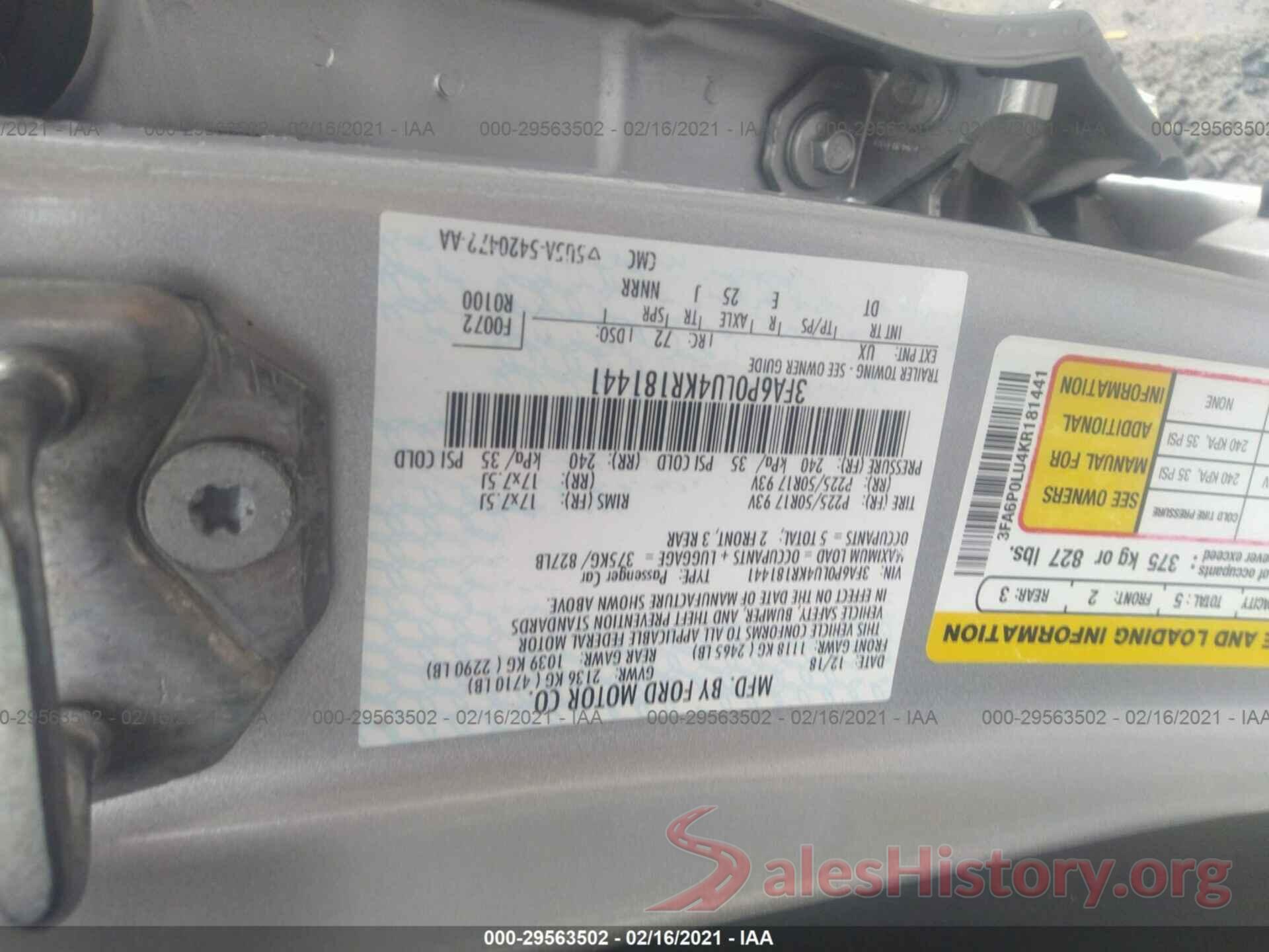 3FA6P0LU4KR181441 2019 FORD FUSION HYBRID