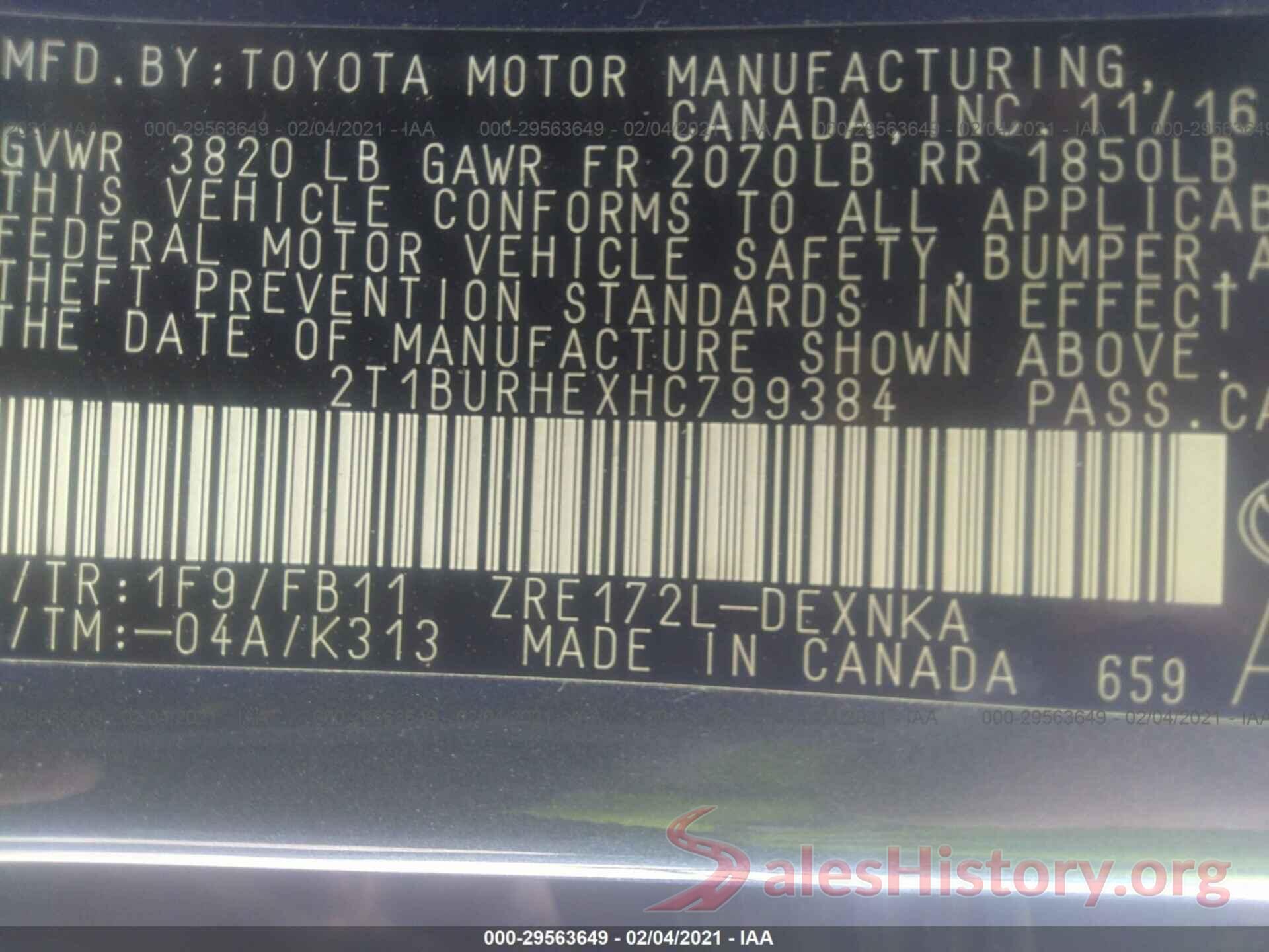 2T1BURHEXHC799384 2017 TOYOTA COROLLA