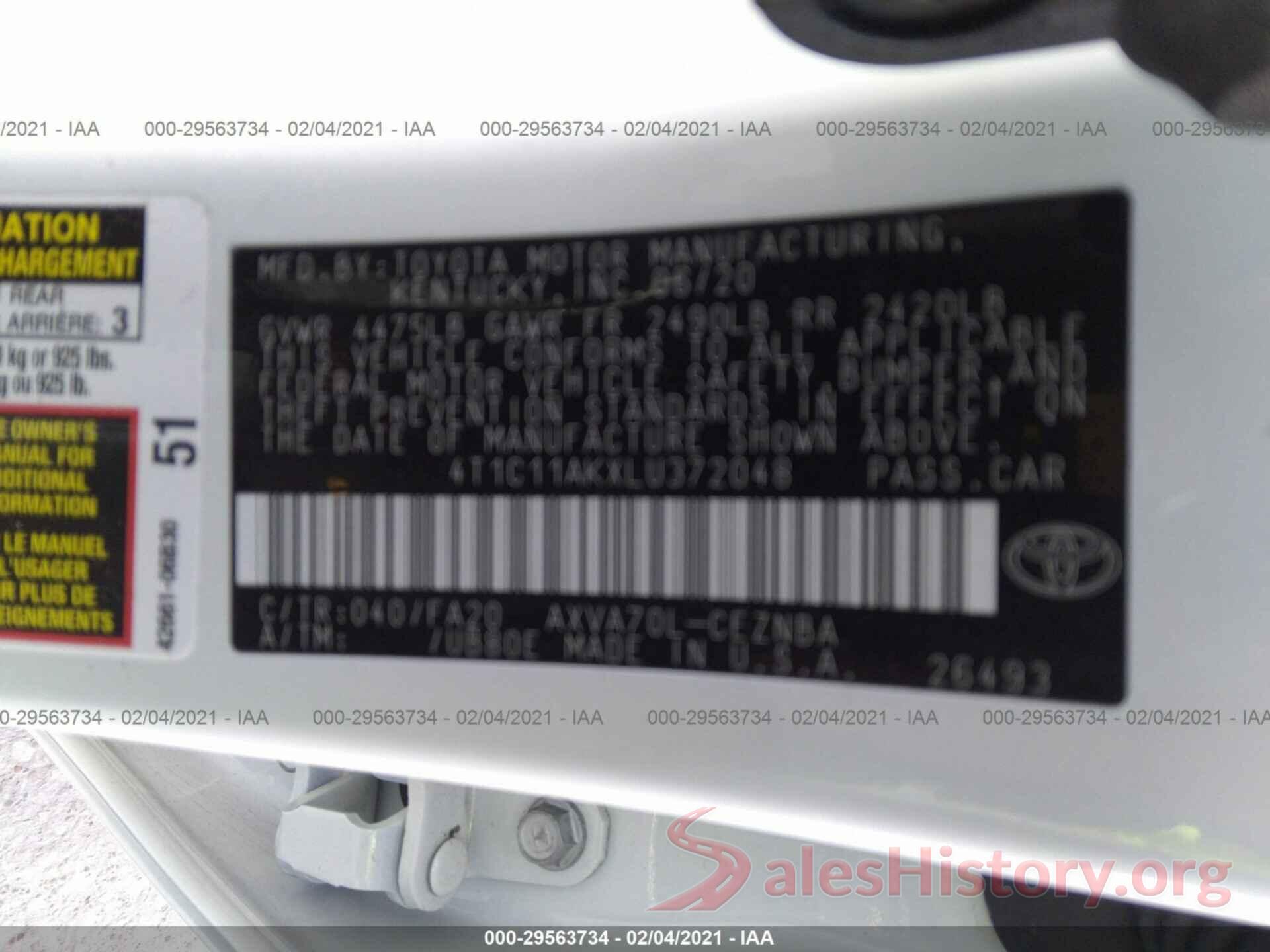 4T1C11AKXLU372048 2020 TOYOTA CAMRY