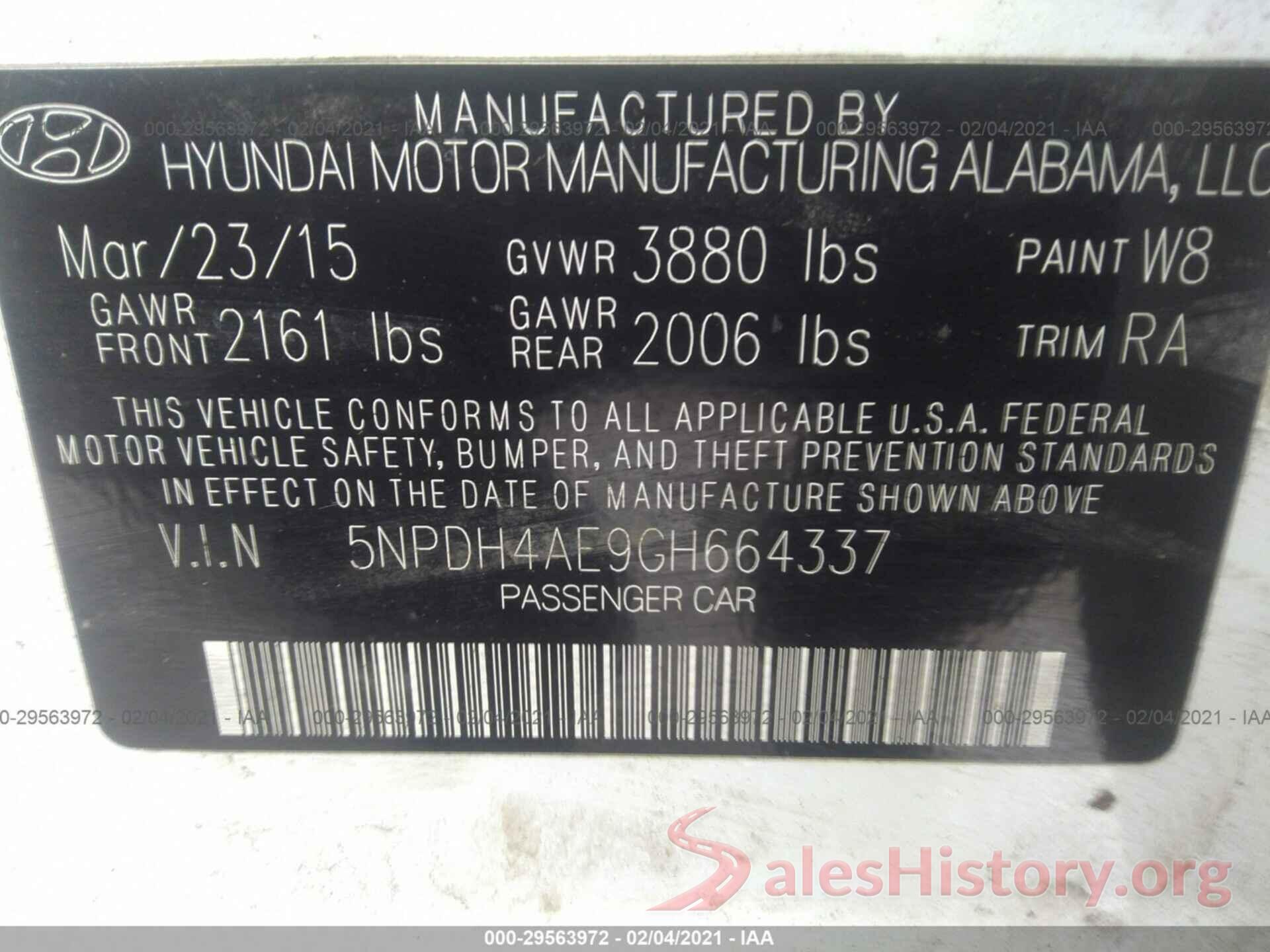 5NPDH4AE9GH664337 2016 HYUNDAI ELANTRA