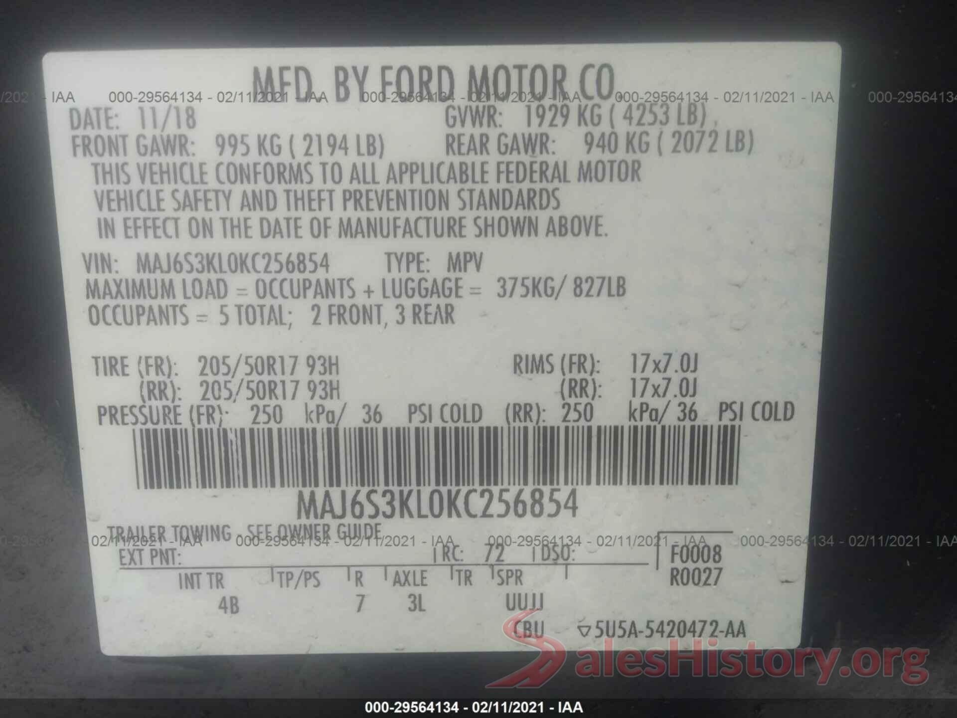 MAJ6S3KL0KC256854 2019 FORD ECOSPORT