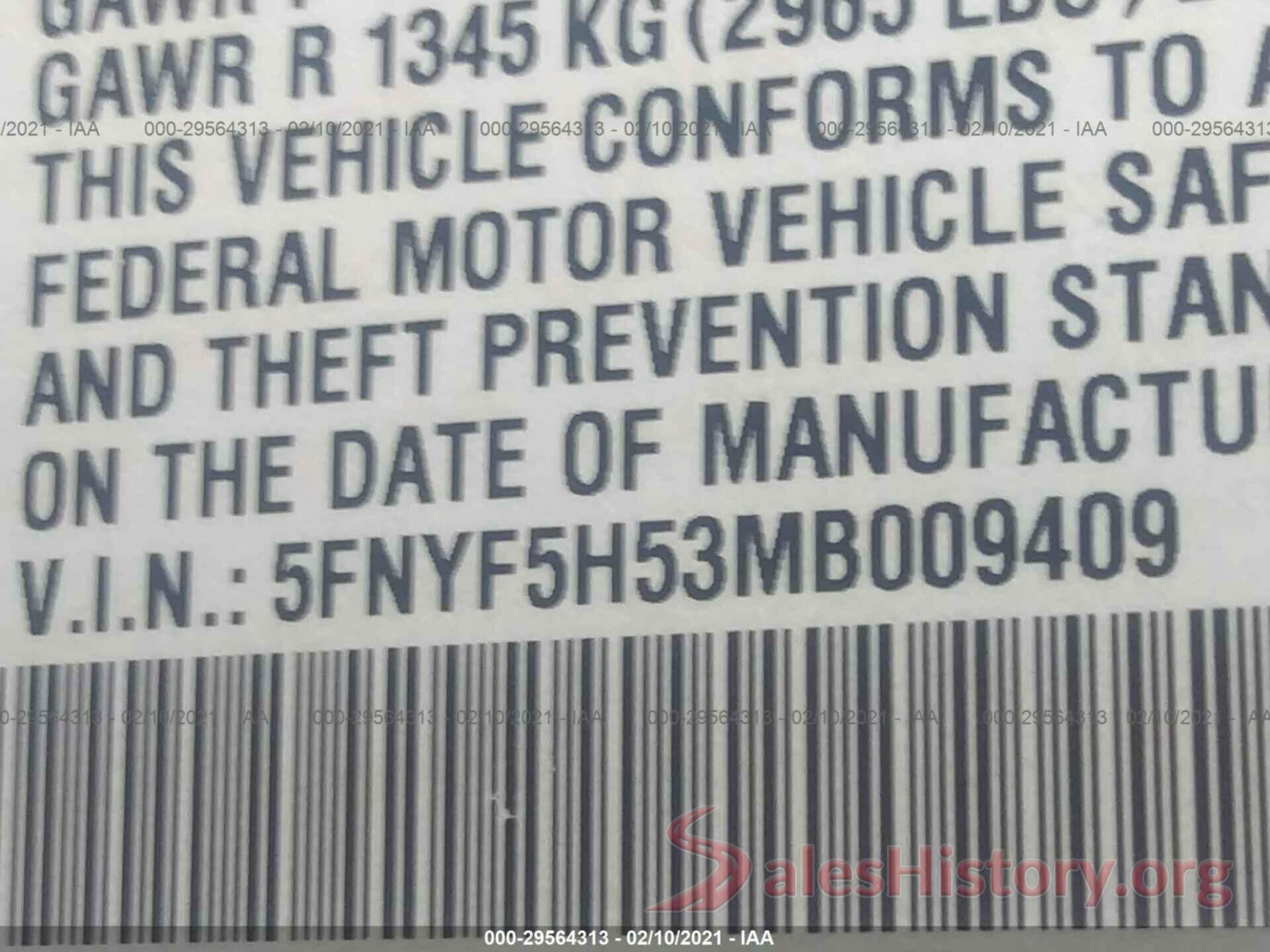 5FNYF5H53MB009409 2021 HONDA PILOT