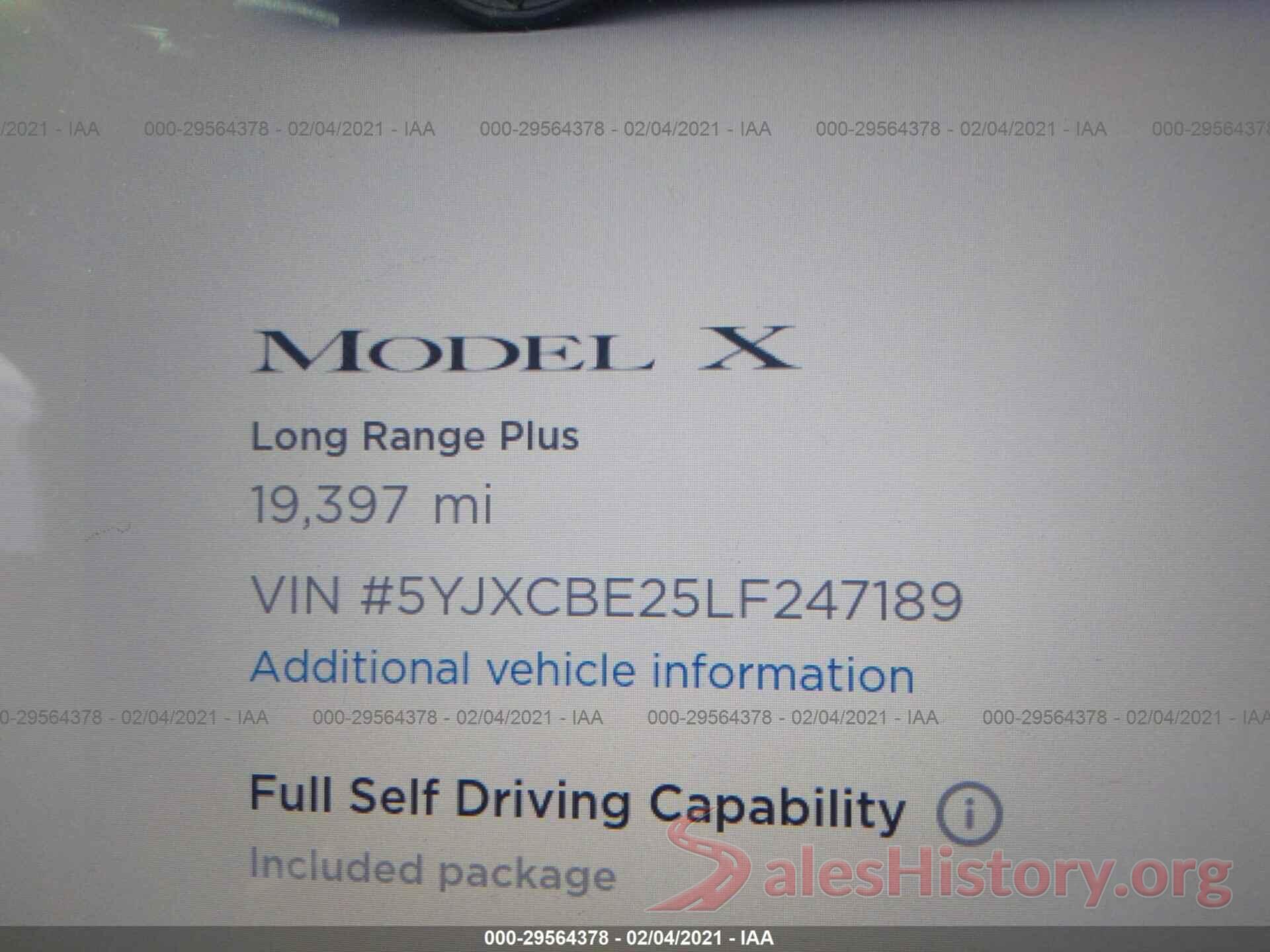 5YJXCBE25LF247189 2020 TESLA MODEL X