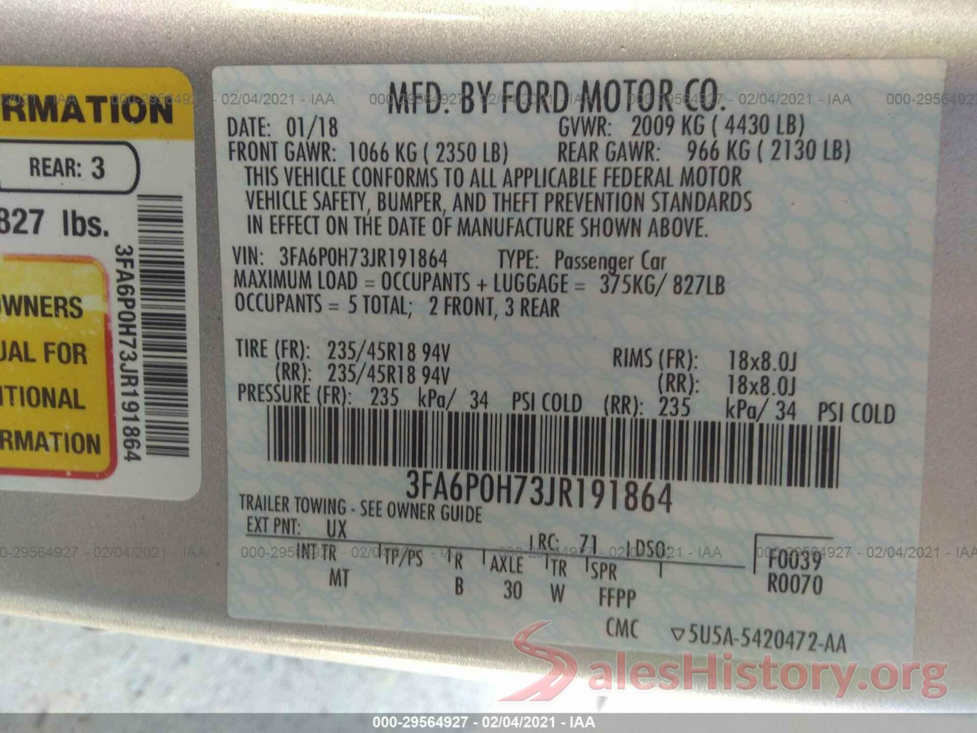 3FA6P0H73JR191864 2018 FORD FUSION