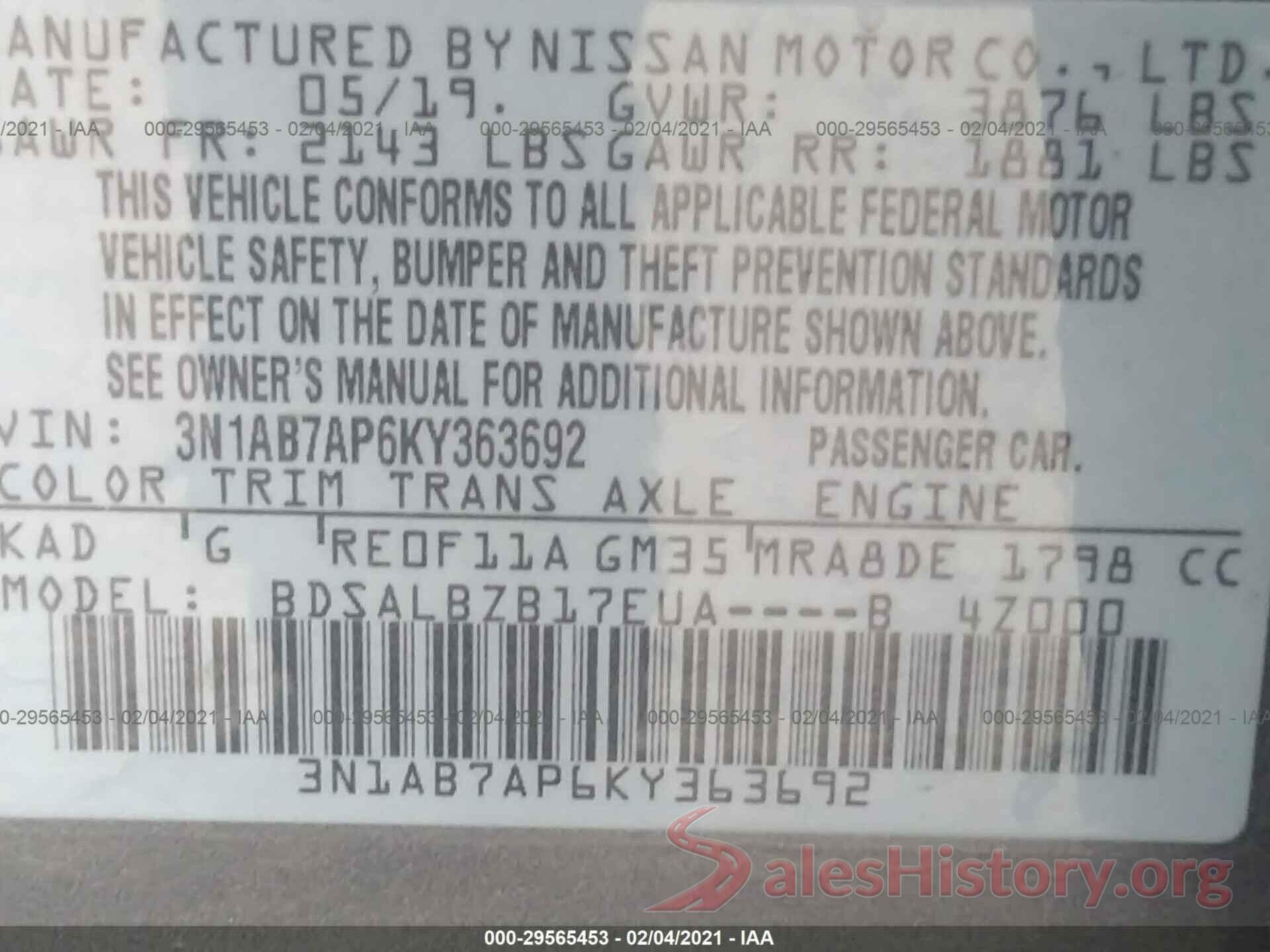 3N1AB7AP6KY363692 2019 NISSAN SENTRA